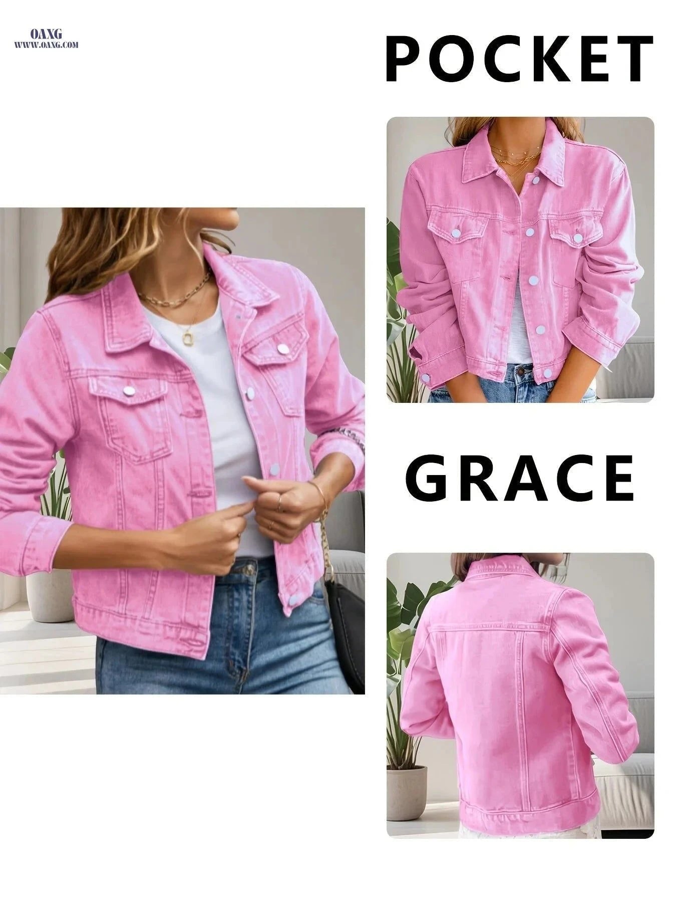 OAXG Elegant Pure Pink Denim Jacket - Long Sleeve, Casual Style   OAXG Bright Pink Color / XS