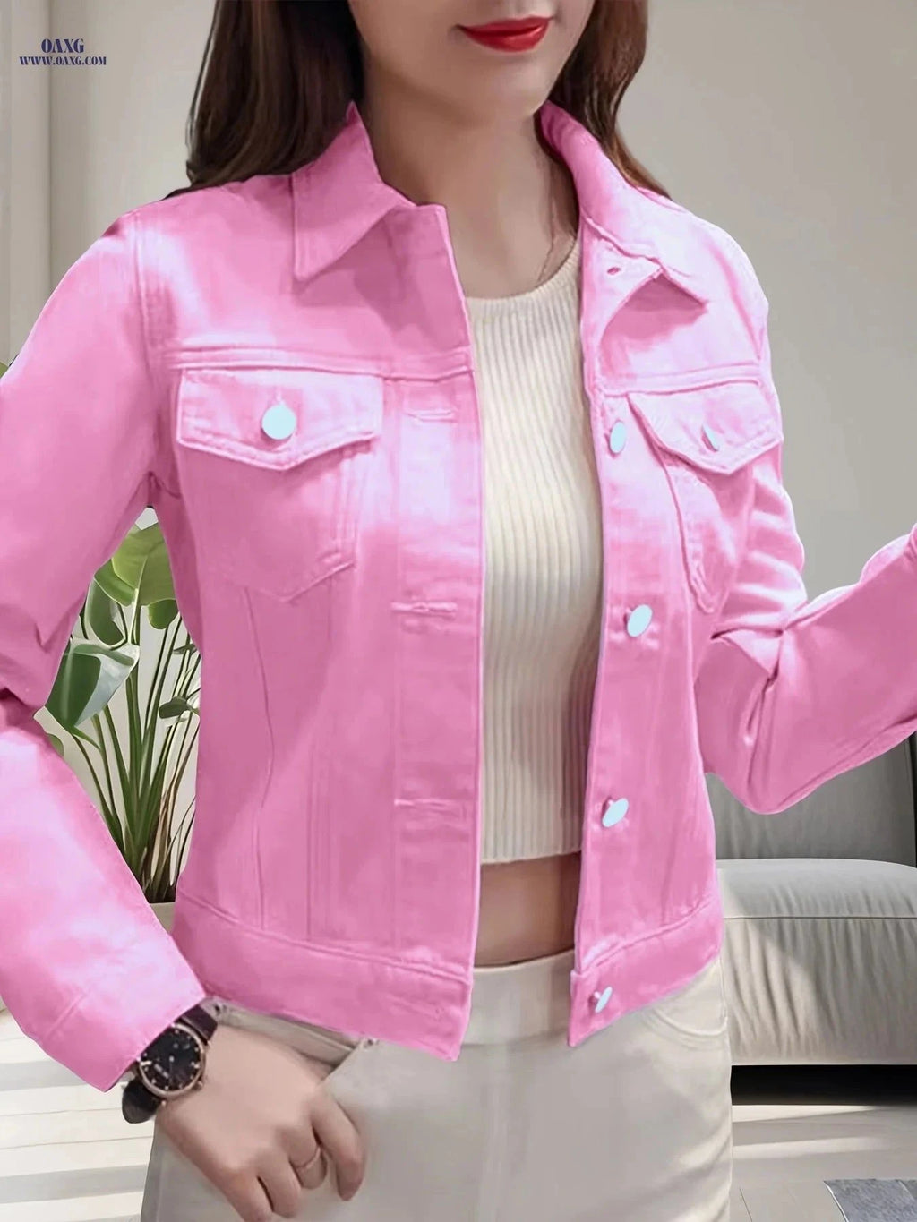 OAXG Elegant Pure Pink Denim Jacket - Long Sleeve, Casual Style   OAXG Bright Pink Color / XS