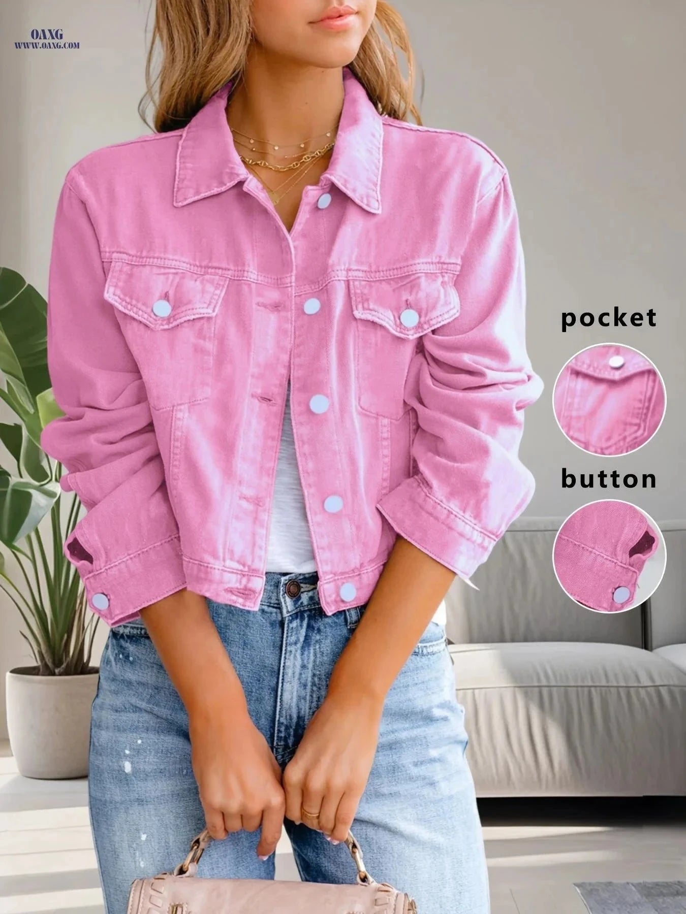 OAXG Elegant Pure Pink Denim Jacket - Long Sleeve, Casual Style   OAXG Bright Pink Color / XS