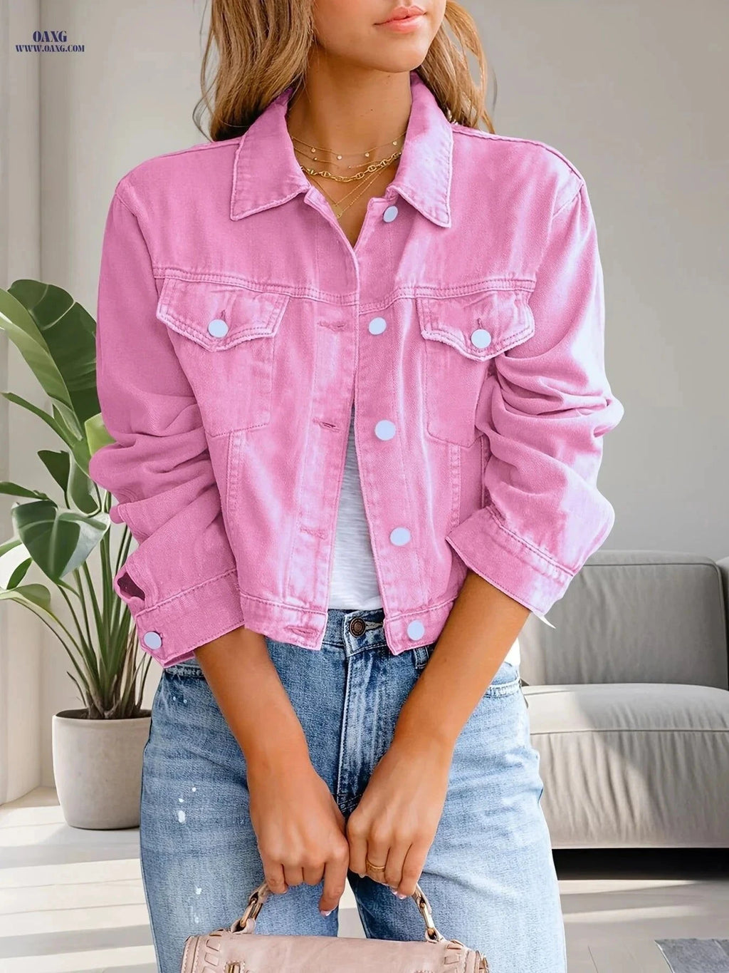 OAXG Elegant Pure Pink Denim Jacket - Long Sleeve, Casual Style   OAXG Bright Pink Color / XS