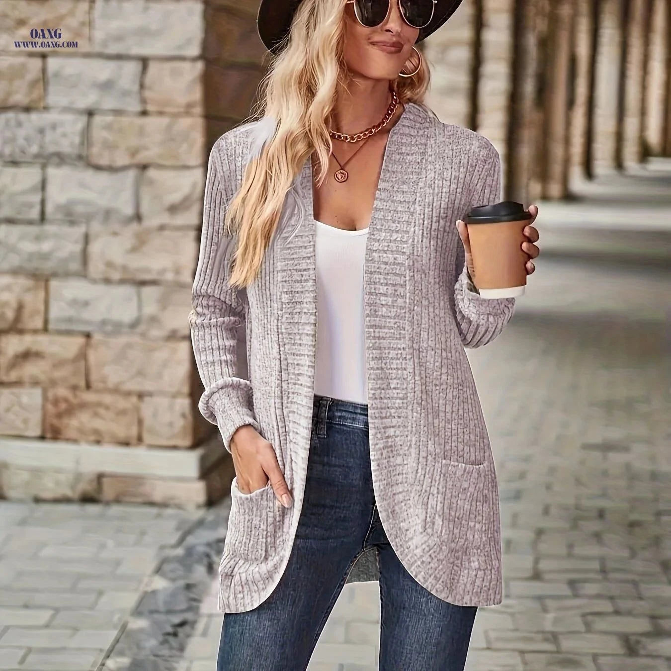 OAXG Elegant Ribbed Long-Sleeve Top - Casual Solid Color Design   OAXG Deep Red / S