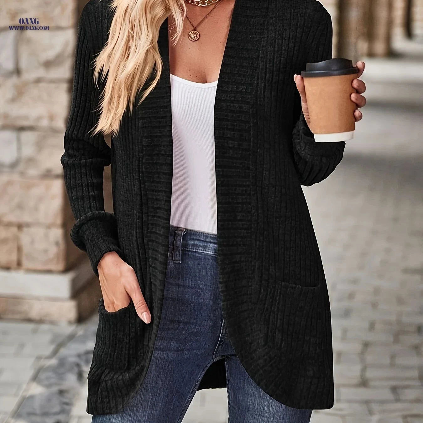 OAXG Elegant Ribbed Long-Sleeve Top - Casual Solid Color Design   OAXG Deep Red / S