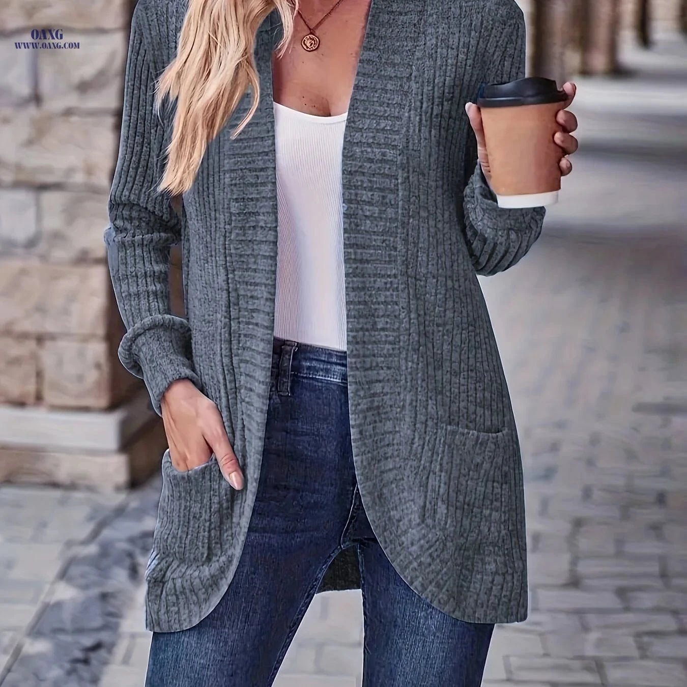 OAXG Elegant Ribbed Long-Sleeve Top - Casual Solid Color Design   OAXG Deep Red / S