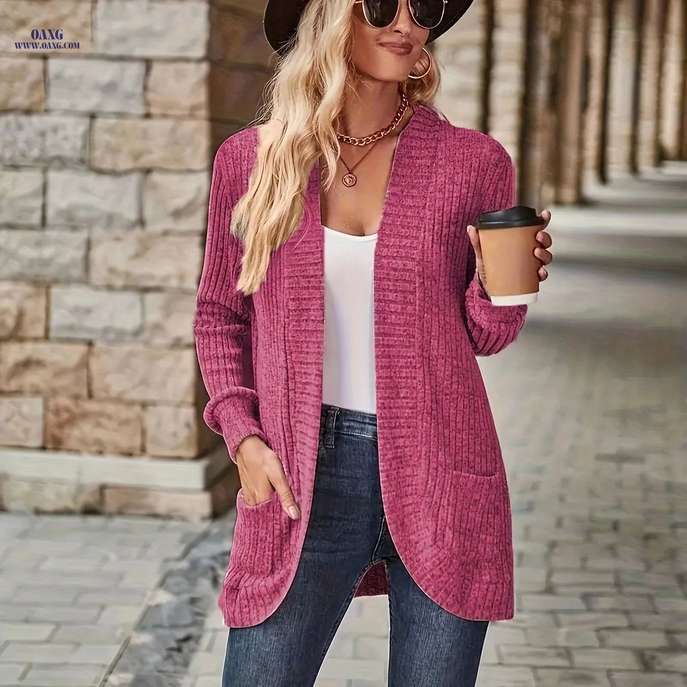 OAXG Elegant Ribbed Long-Sleeve Top - Casual Solid Color Design   OAXG Deep Red / S