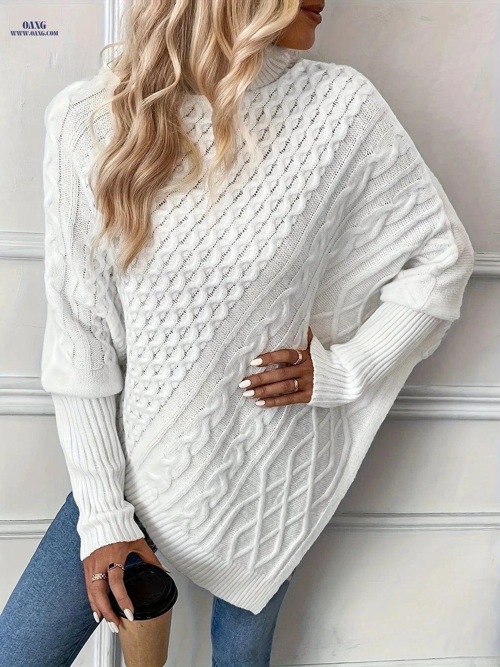 OAXG Elegant Twisted Rope Shawl - Fashionable Autumn Winter Sweater   OAXG White / S