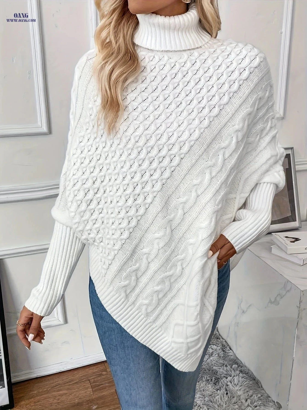 OAXG Elegant Twisted Rope Shawl - Fashionable Autumn Winter Sweater   OAXG White / S