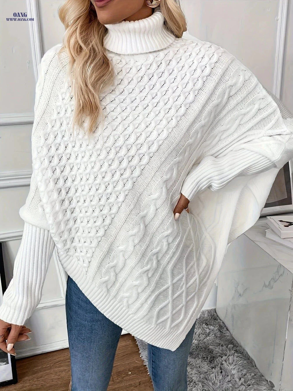 OAXG Elegant Twisted Rope Shawl - Fashionable Autumn Winter Sweater   OAXG White / S