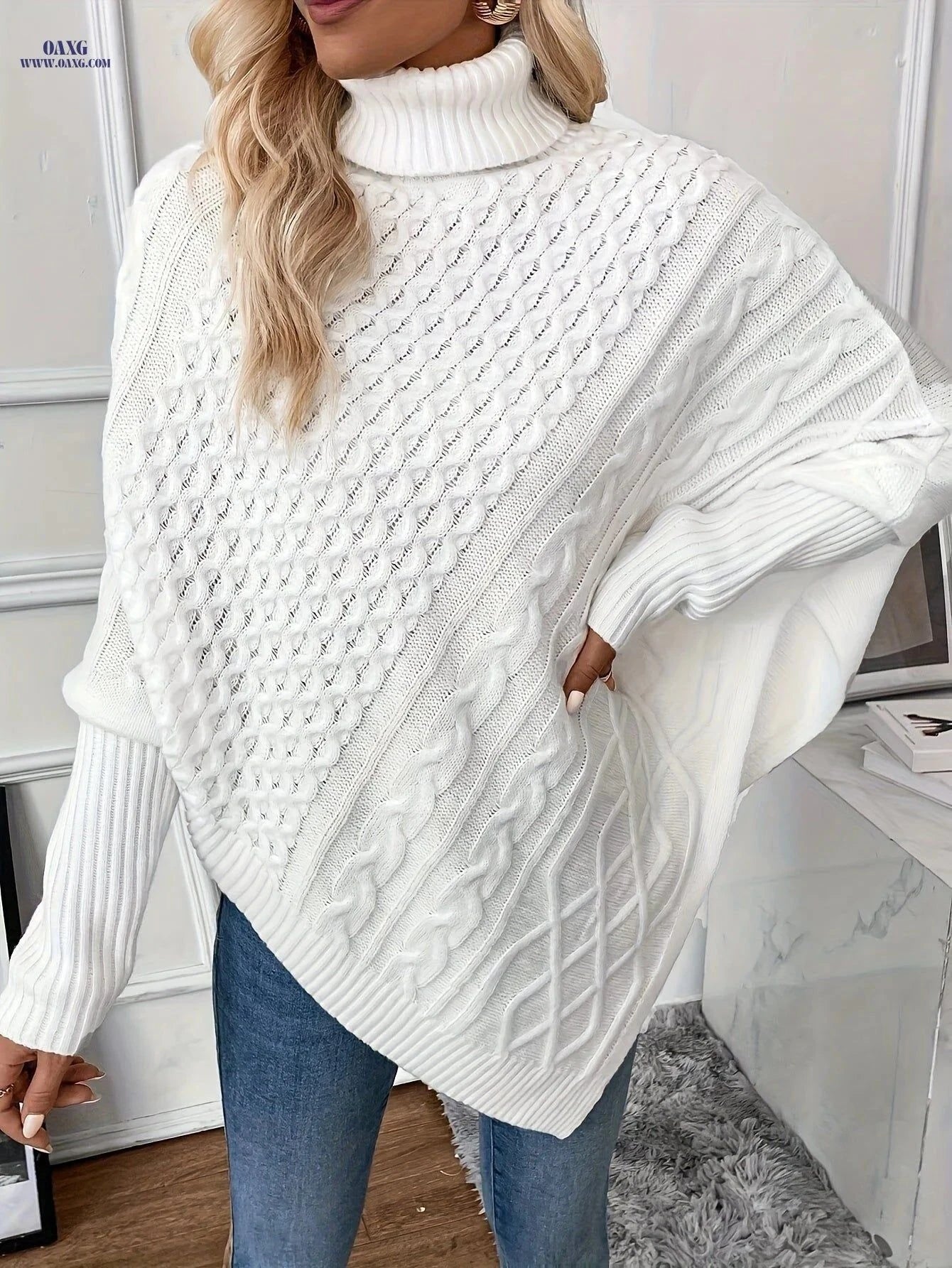 OAXG Elegant Twisted Rope Shawl - Fashionable Autumn Winter Sweater   OAXG White / S