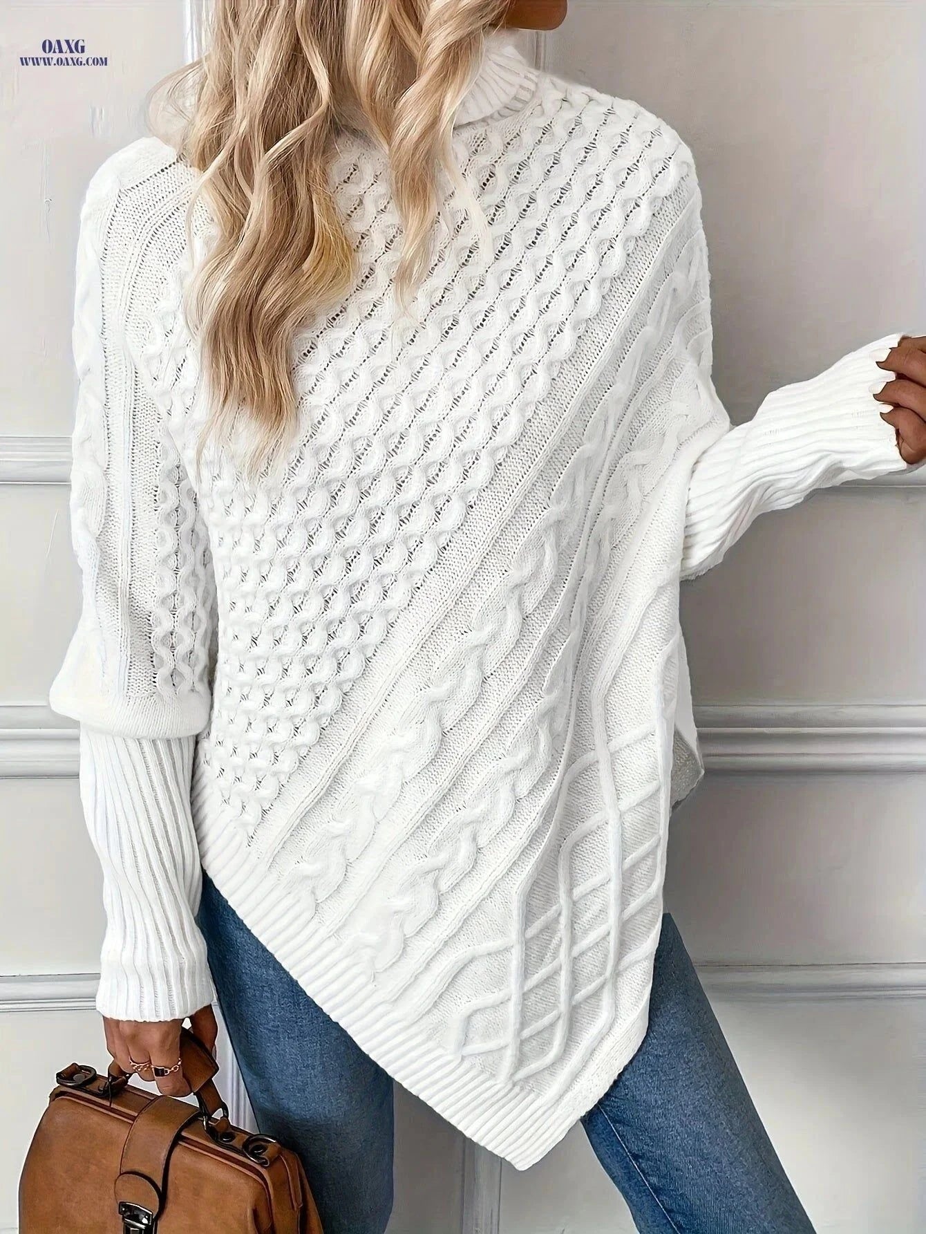 OAXG Elegant Twisted Rope Shawl - Fashionable Autumn Winter Sweater   OAXG White / S