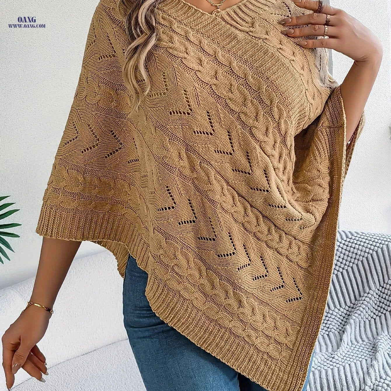 OAXG Elegant V-Neck Cable Cape Sweater - Autumn & Winter Style   OAXG White / S