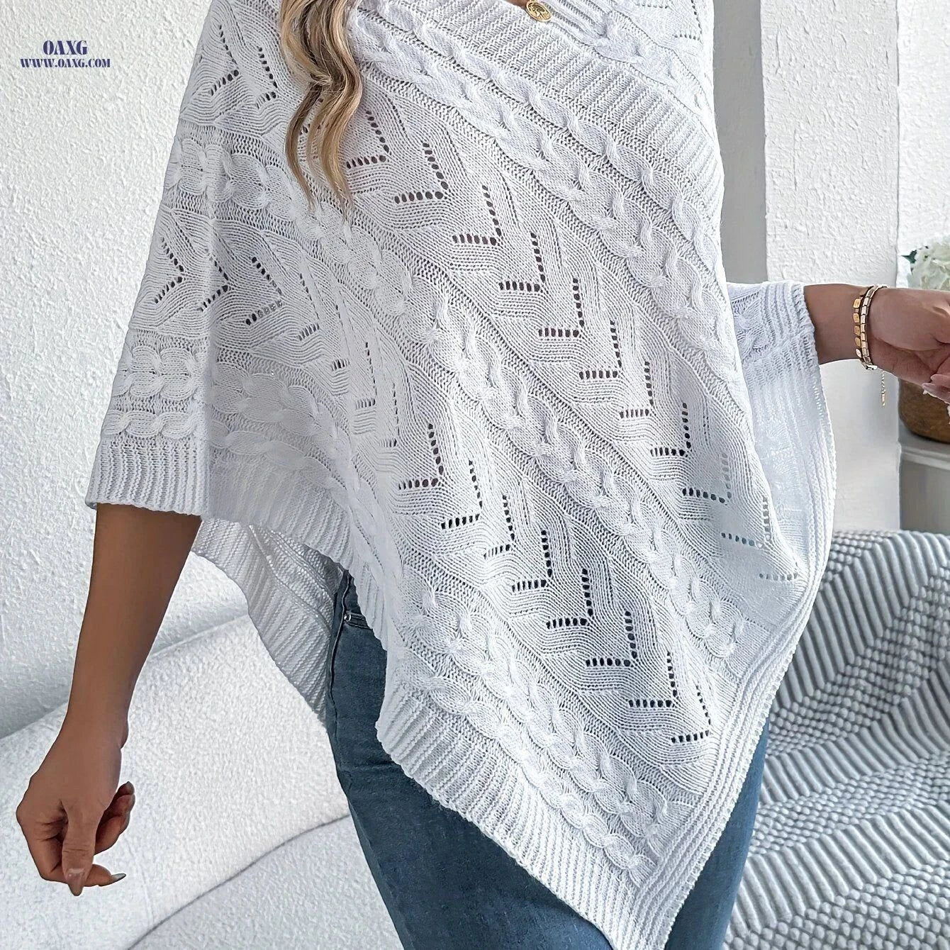 OAXG Elegant V-Neck Cable Cape Sweater - Autumn & Winter Style   OAXG White / S