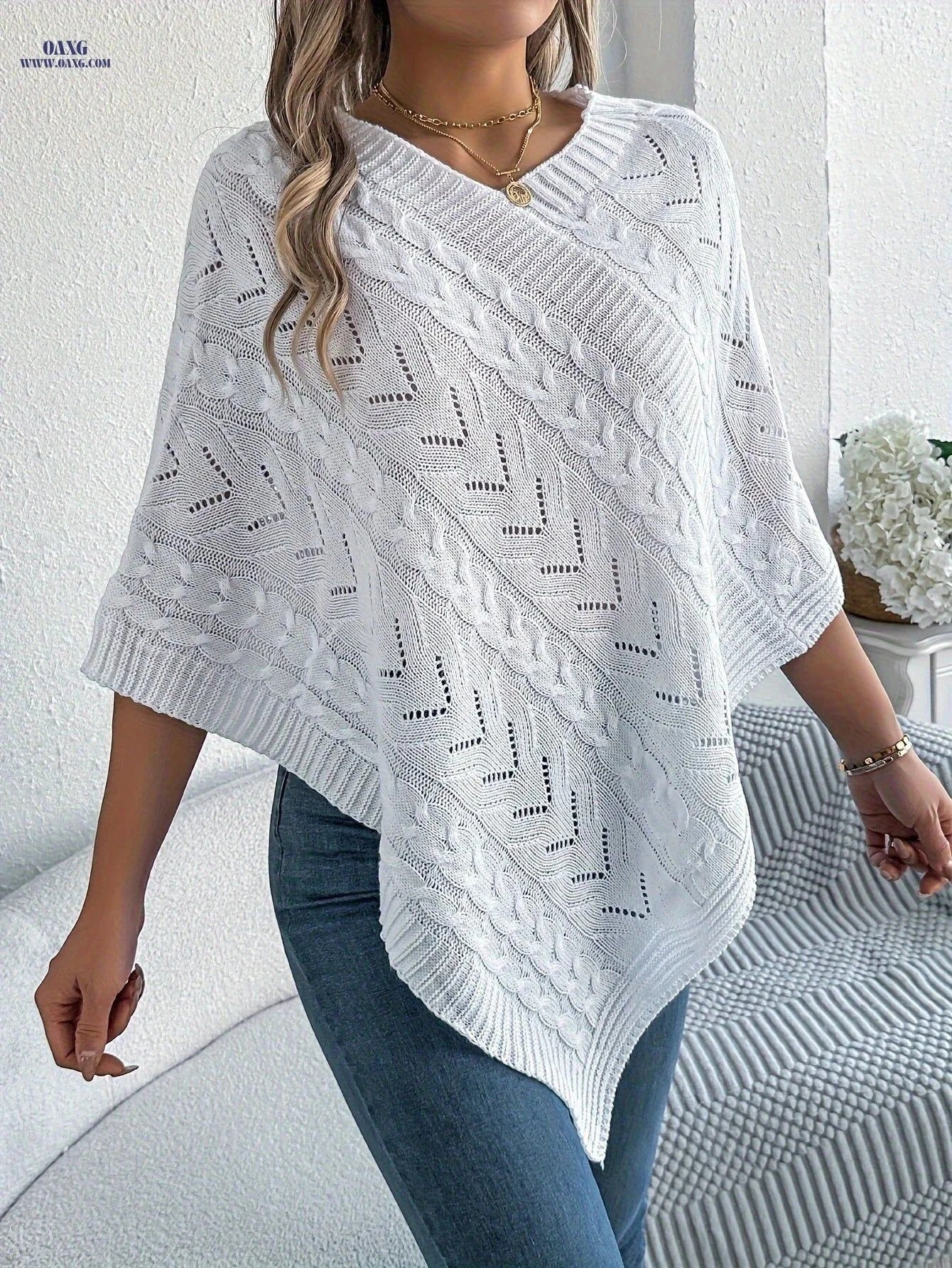 OAXG Elegant V-Neck Cable Cape Sweater - Autumn & Winter Style   OAXG White / S