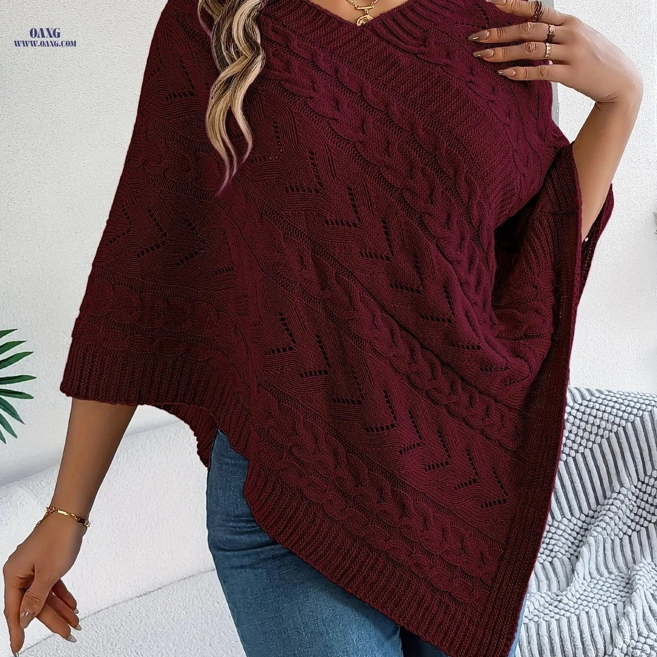 OAXG Elegant V-Neck Cable Cape Sweater - Autumn & Winter Style   OAXG White / S