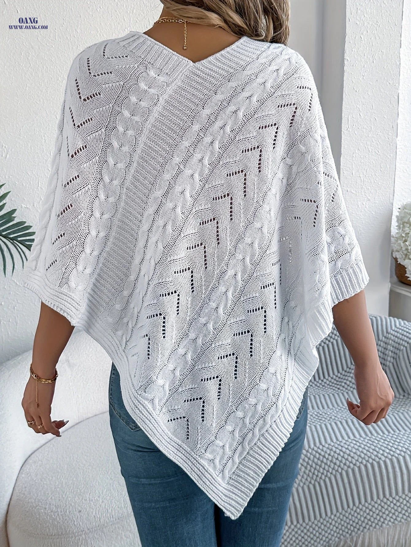 Elegant Solid Color V-Neck Cable Cape Sweater for Autumn And Winter Leisure   OAXG White / S