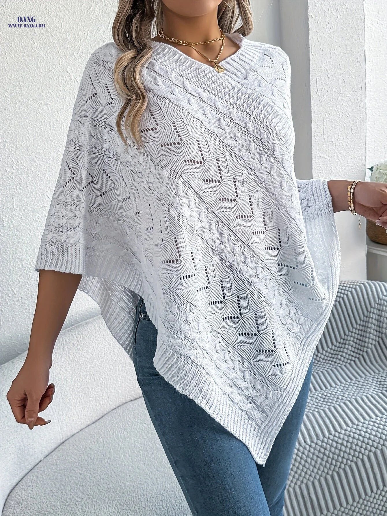 Elegant Solid Color V-Neck Cable Cape Sweater for Autumn And Winter Leisure   OAXG White / S