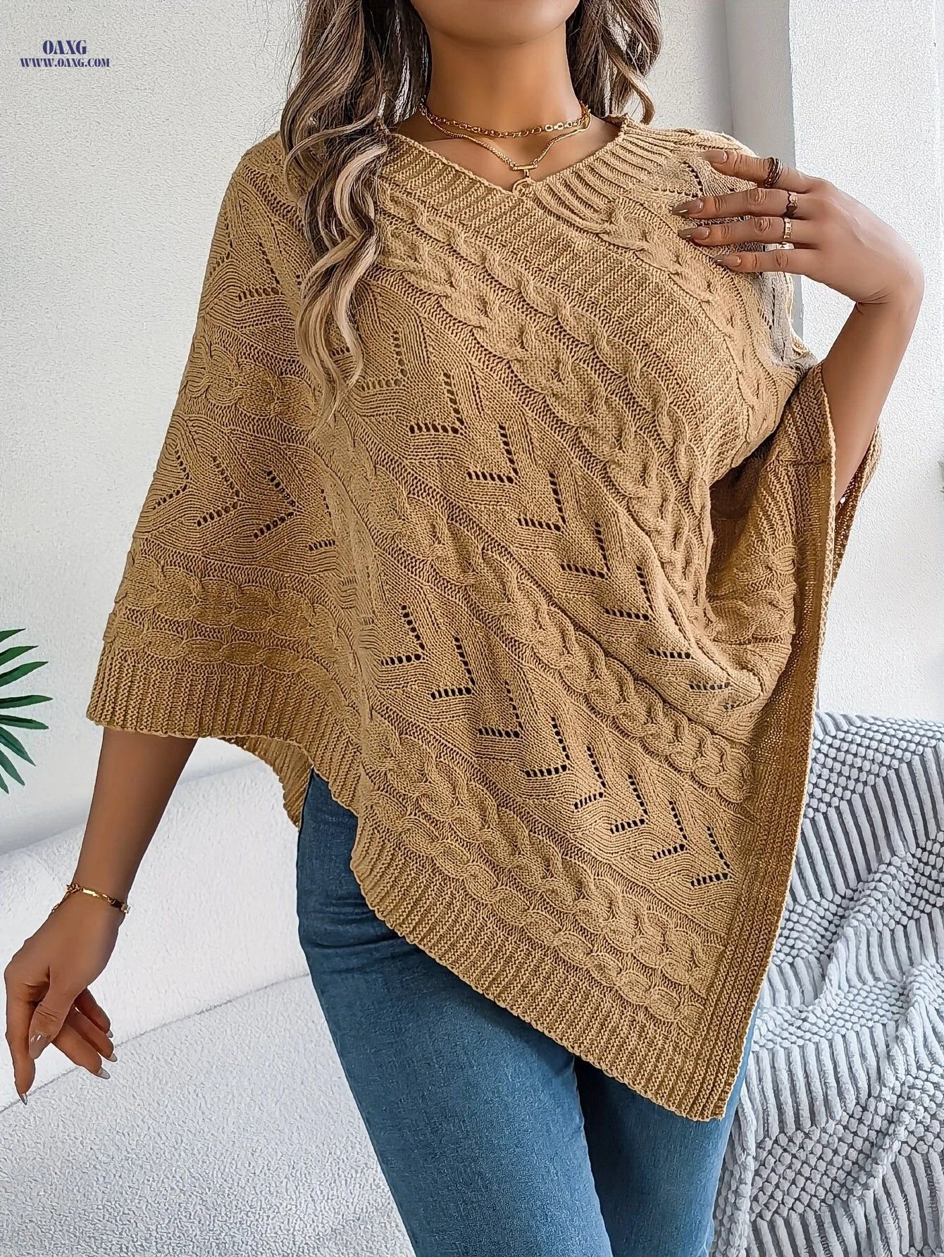 Elegant Solid Color V-Neck Cable Cape Sweater for Autumn And Winter Leisure   OAXG White / S