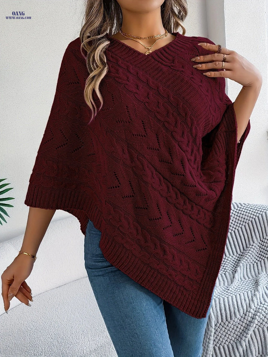 Elegant Solid Color V-Neck Cable Cape Sweater for Autumn And Winter Leisure   OAXG White / S