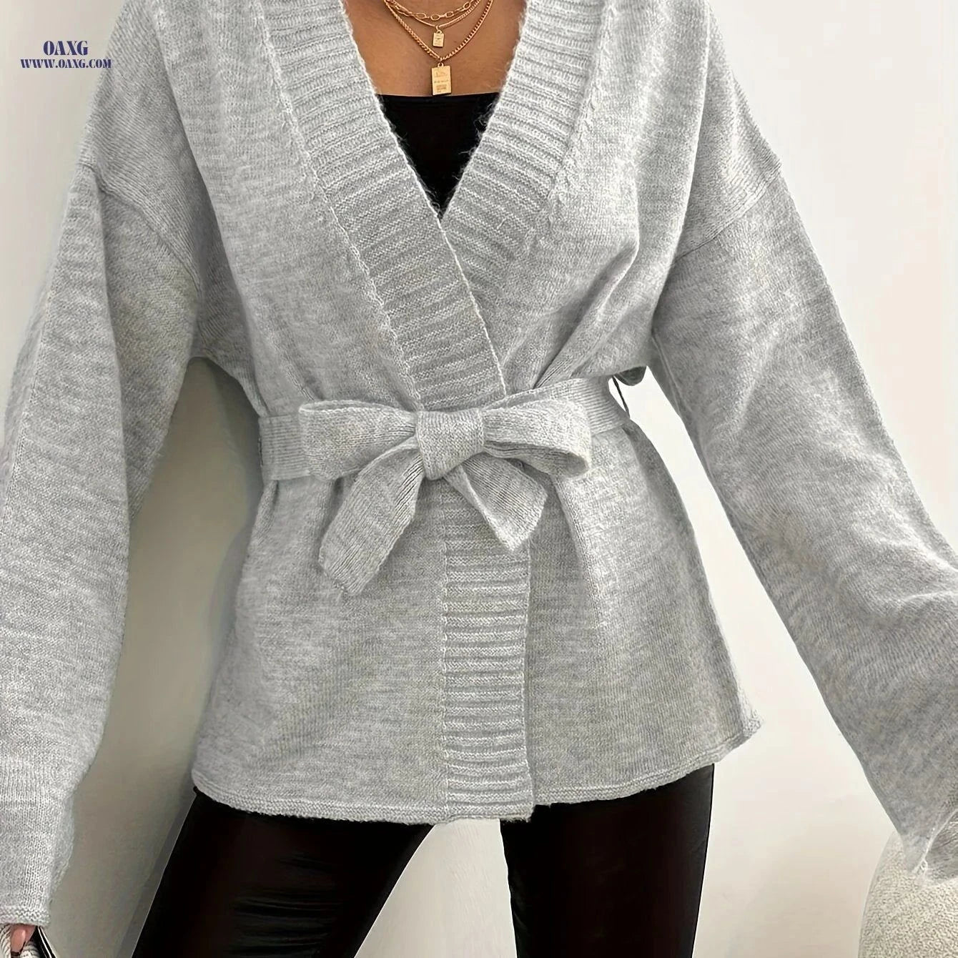 OAXG Elegant V-Neck Sweater for Women - Stylish Long Sleeve Knit   OAXG Grey / S