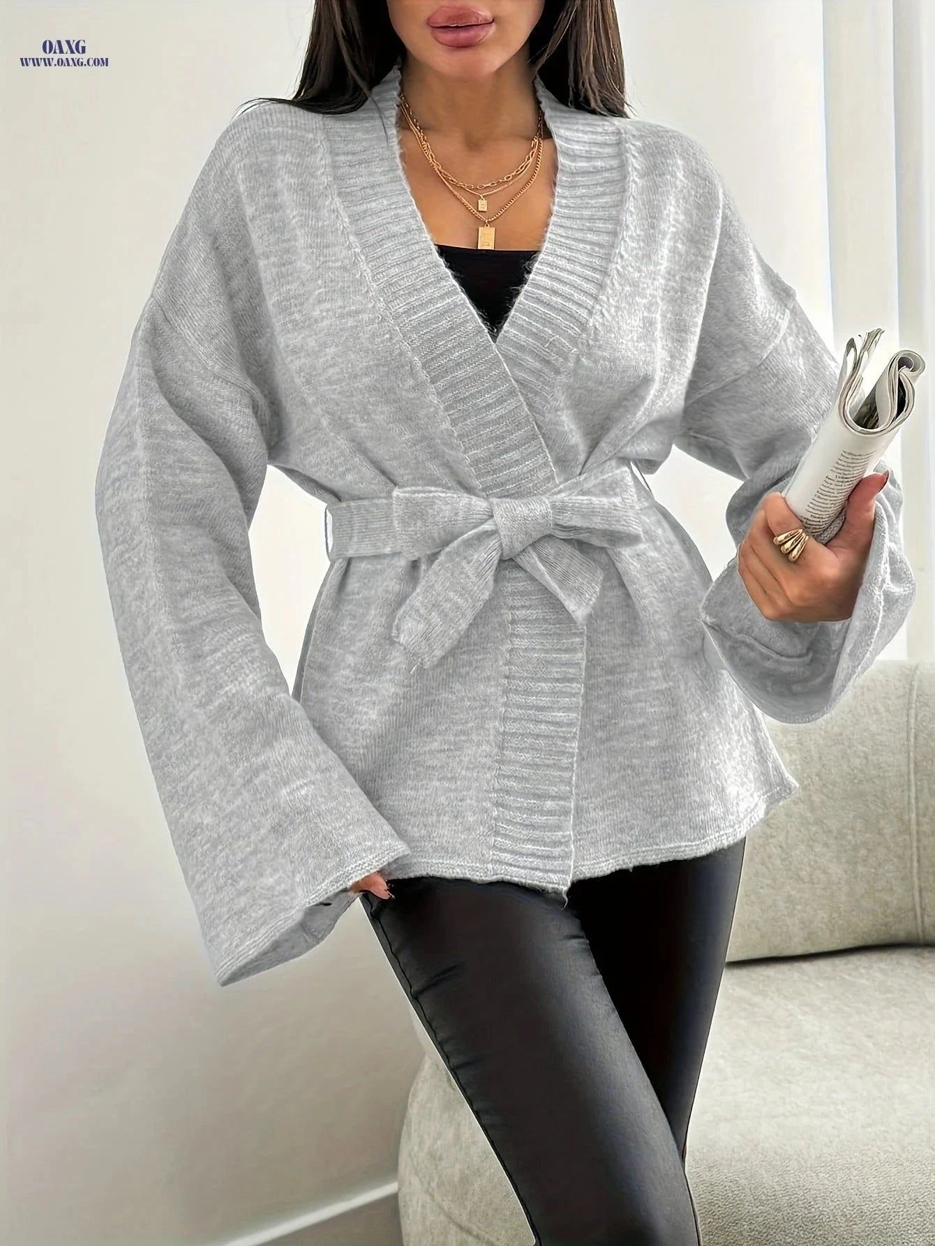 OAXG Elegant V-Neck Sweater for Women - Stylish Long Sleeve Knit   OAXG Grey / S