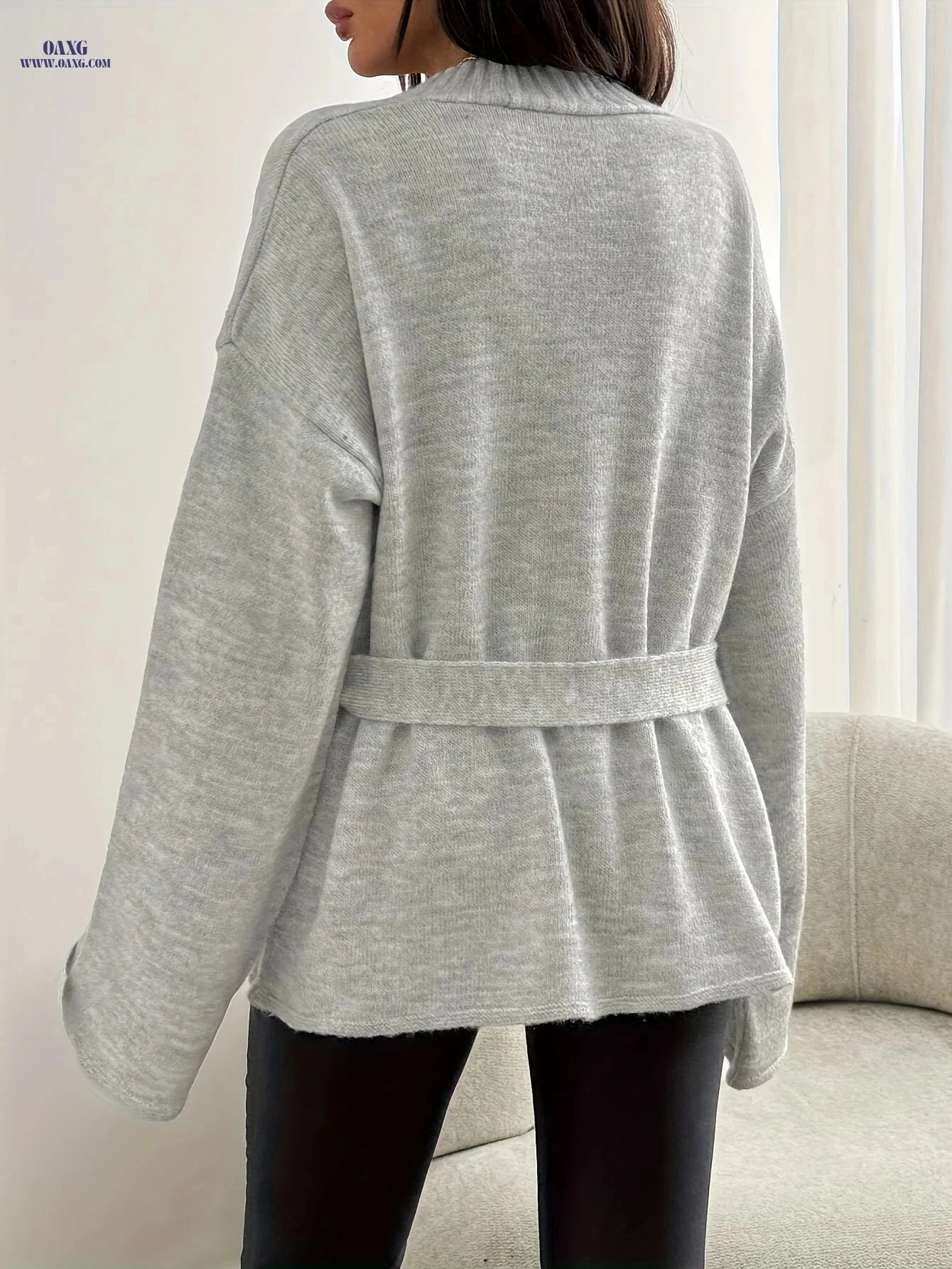 OAXG Elegant V-Neck Sweater for Women - Stylish Long Sleeve Knit   OAXG Grey / S