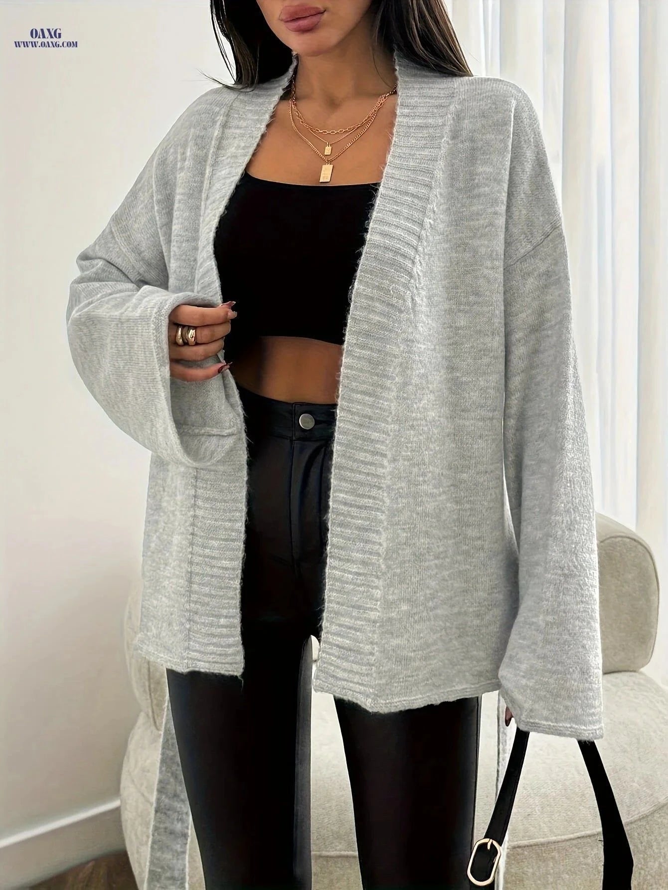 OAXG Elegant V-Neck Sweater for Women - Stylish Long Sleeve Knit   OAXG Grey / S