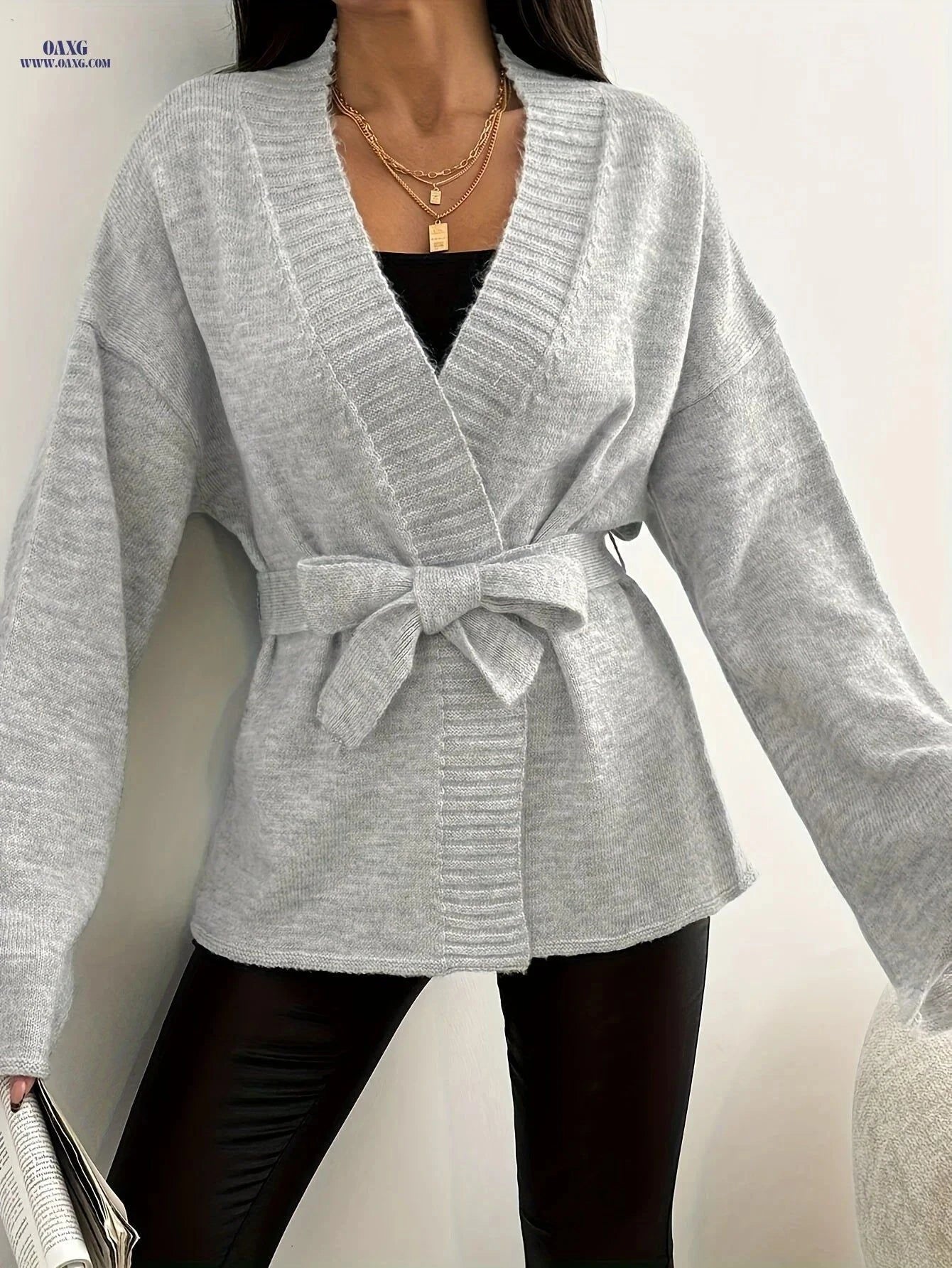 OAXG Elegant V-Neck Sweater for Women - Stylish Long Sleeve Knit   OAXG Grey / S