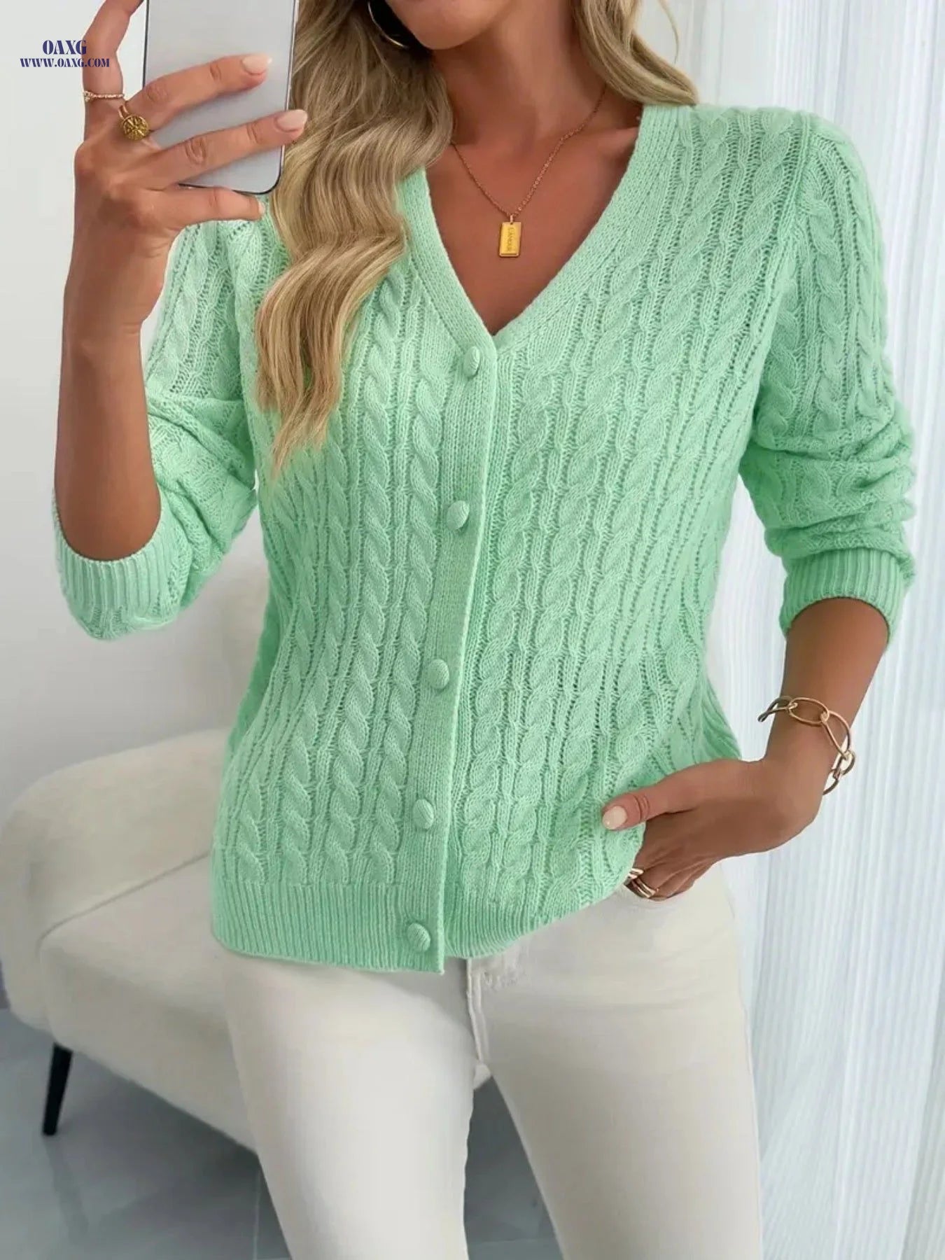 Elegant V-Neck Twisted Cardigan for Women - a Soft Long-Sleeve Button-Up Sweater with an H Silhouette, Perfect for Spring And Autumn, Featuring a Regular Fit in Solid Colors, Made from High-Quality Fabric for Casual Wear   OAXG Viridity / S