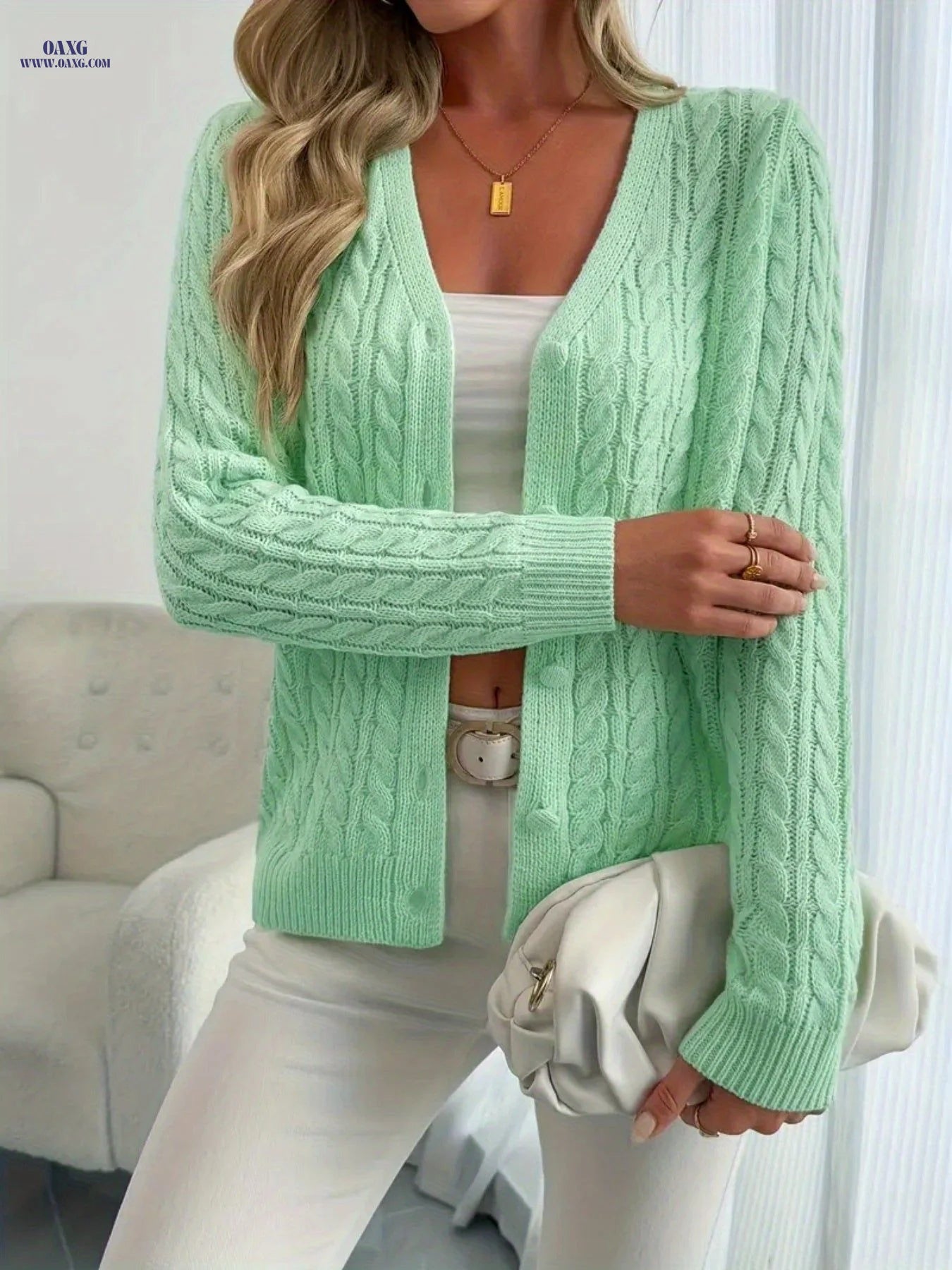 Elegant V-Neck Twisted Cardigan for Women - a Soft Long-Sleeve Button-Up Sweater with an H Silhouette, Perfect for Spring And Autumn, Featuring a Regular Fit in Solid Colors, Made from High-Quality Fabric for Casual Wear   OAXG Viridity / S
