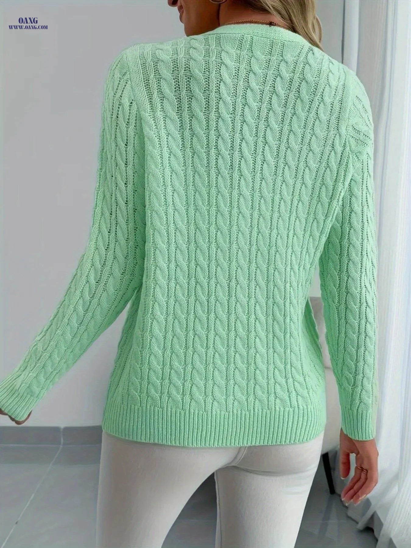Elegant V-Neck Twisted Cardigan for Women - a Soft Long-Sleeve Button-Up Sweater with an H Silhouette, Perfect for Spring And Autumn, Featuring a Regular Fit in Solid Colors, Made from High-Quality Fabric for Casual Wear   OAXG Viridity / S