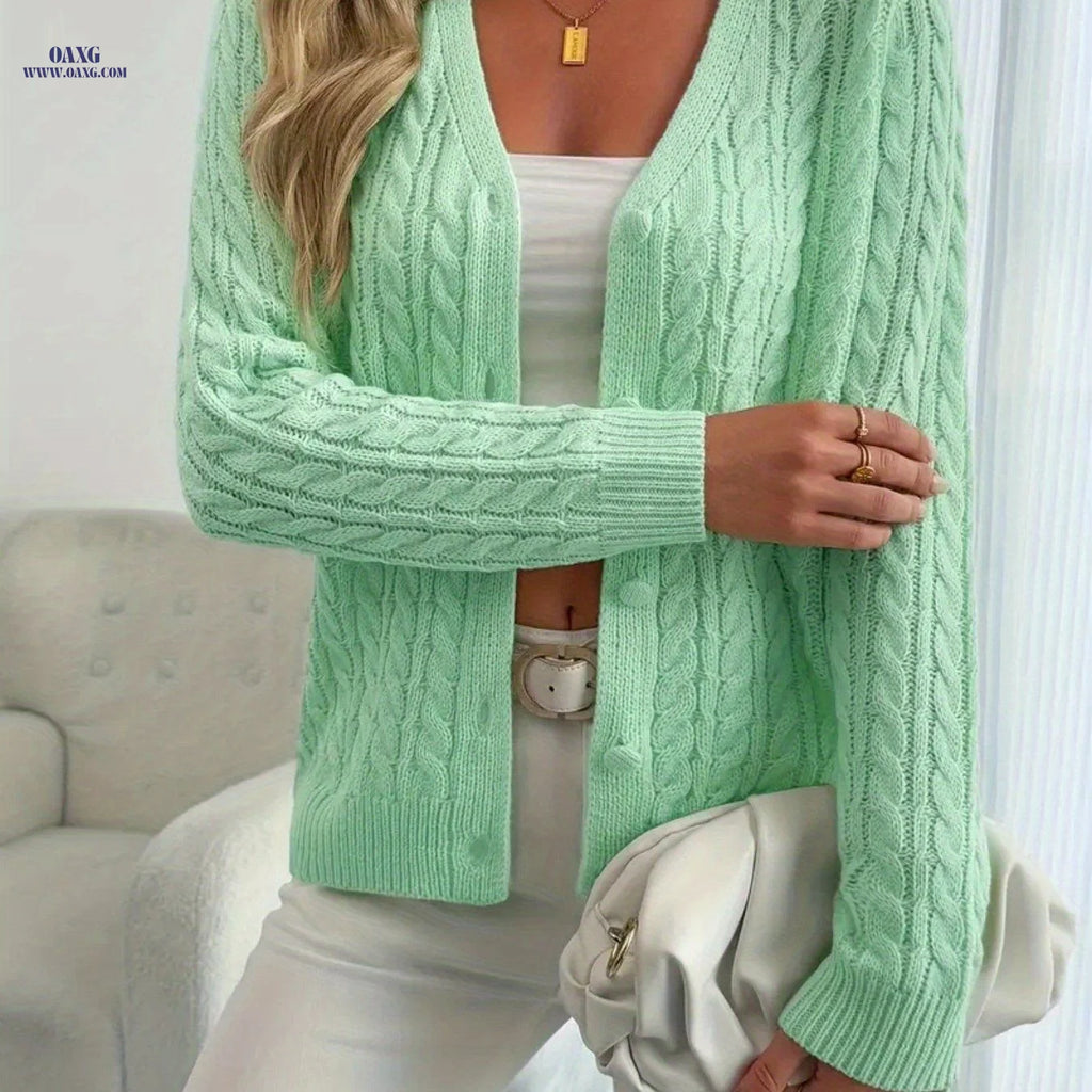 Elegant V-Neck Twisted Cardigan for Women - a Soft Long-Sleeve Button-Up Sweater with an H Silhouette, Perfect for Spring And Autumn, Featuring a Regular Fit in Solid Colors, Made from High-Quality Fabric for Casual Wear   OAXG Viridity / S