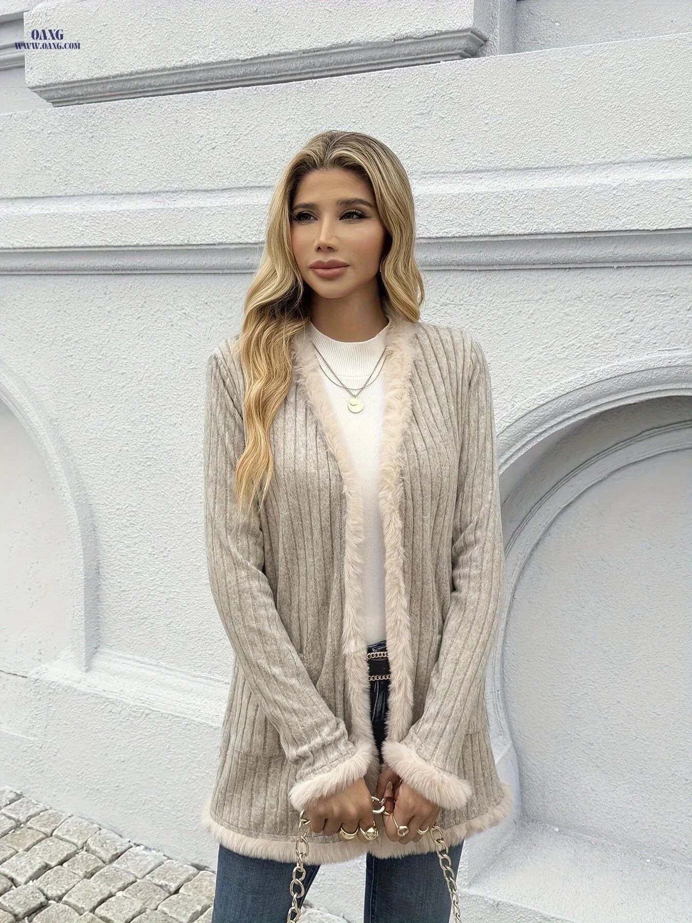 OAXG Elegant Women's Cardigan - Cozy Fuzzy Coat for Fall/Winter   OAXG Khaki / S