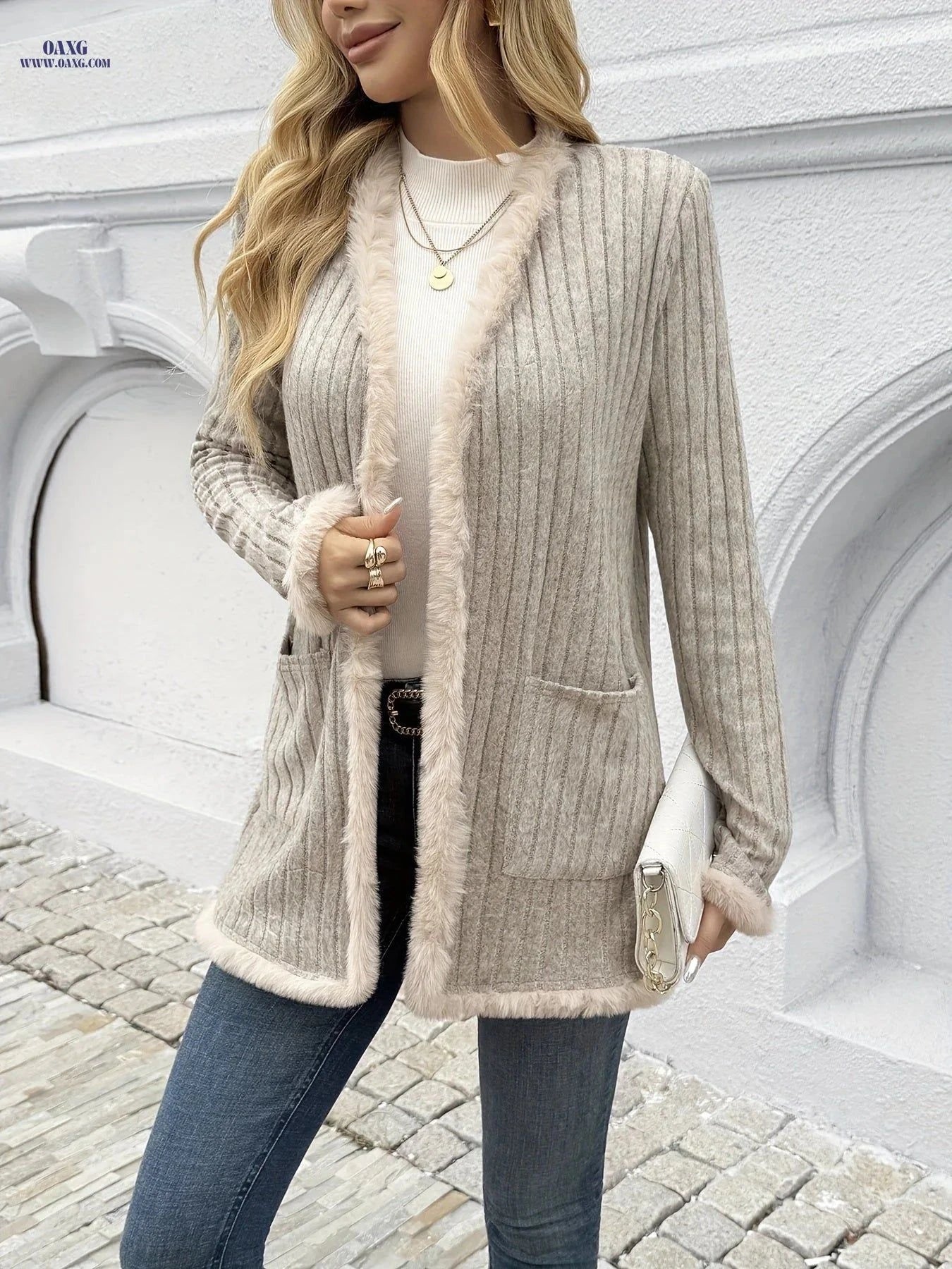 OAXG Elegant Women's Cardigan - Cozy Fuzzy Coat for Fall/Winter   OAXG Khaki / S