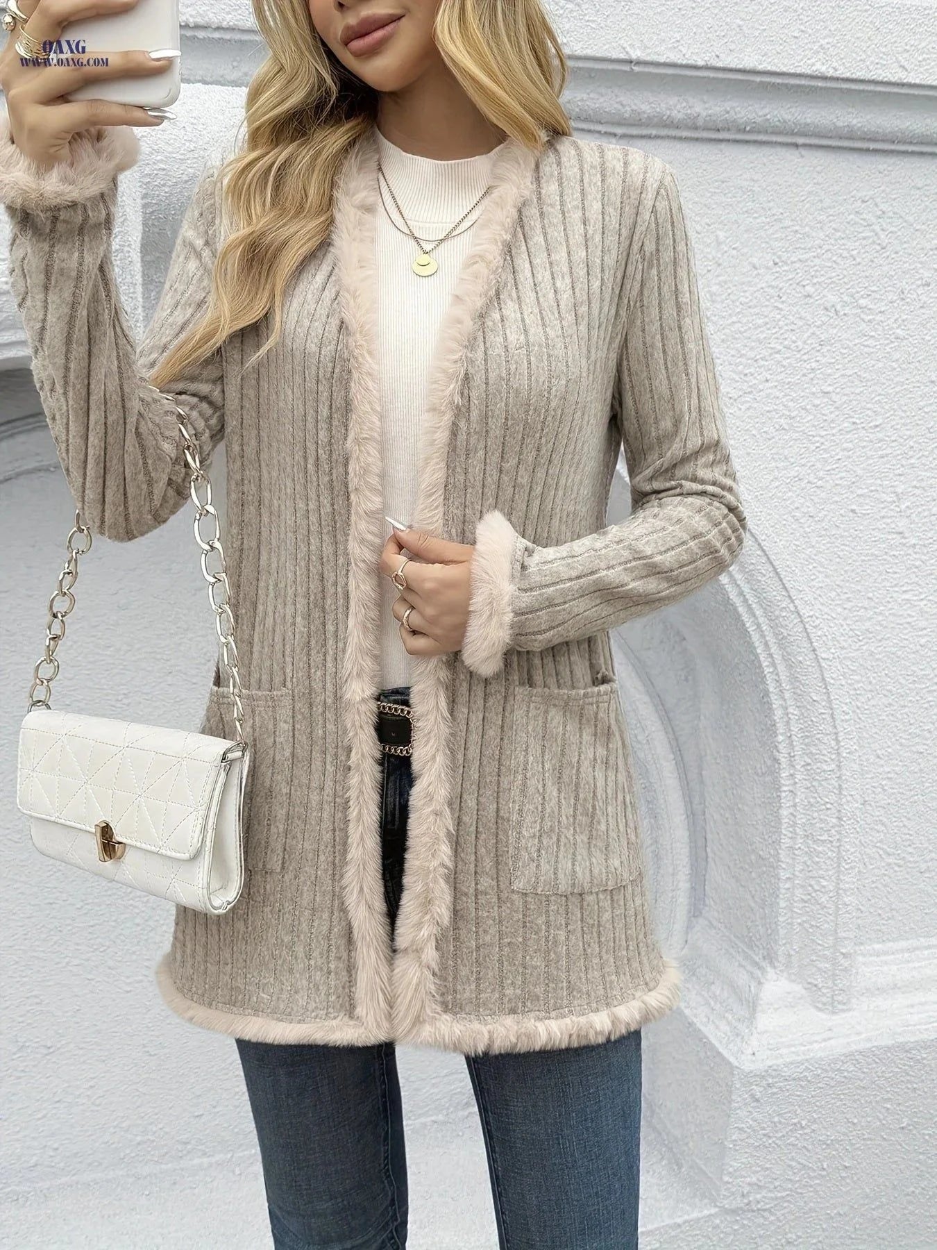 OAXG Elegant Women's Cardigan - Cozy Fuzzy Coat for Fall/Winter   OAXG Khaki / S