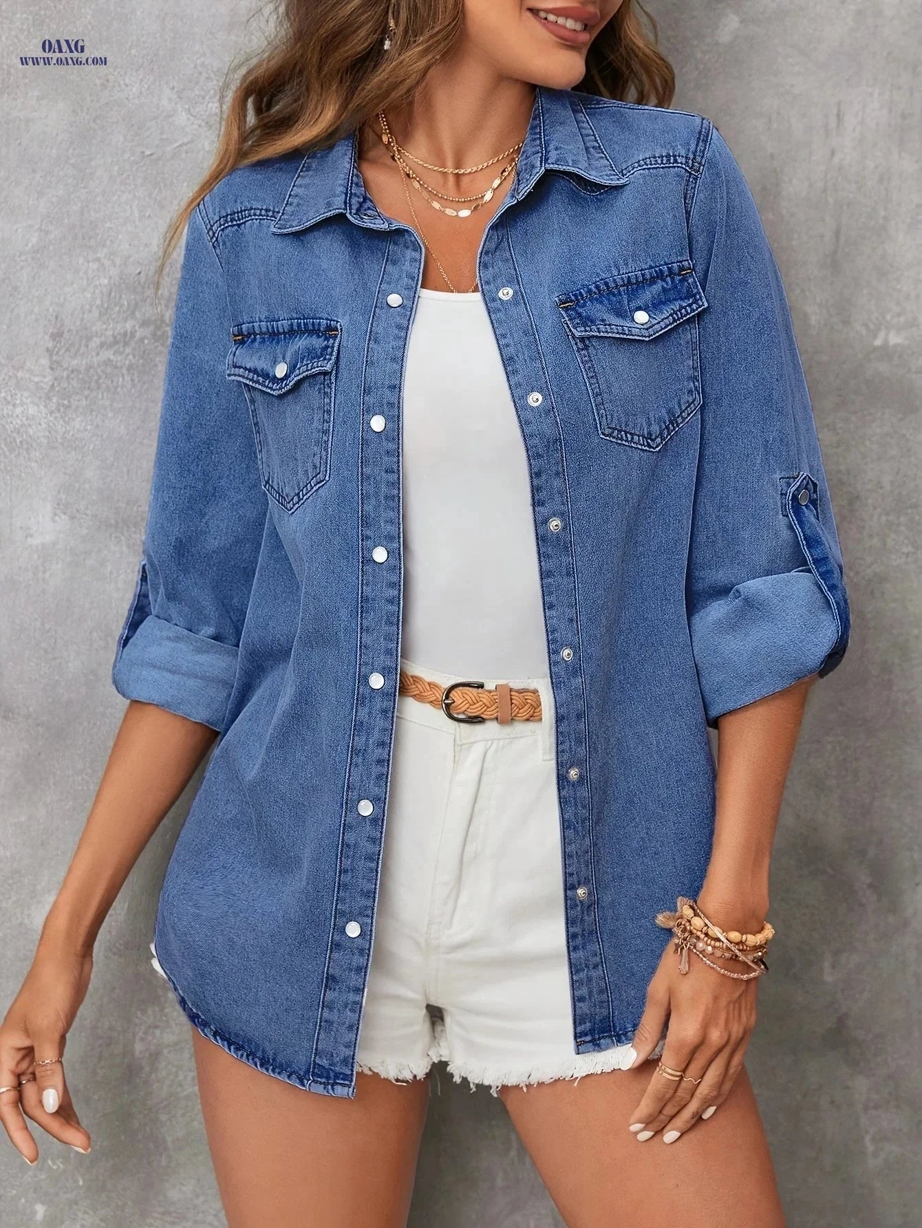 OAXG Elegant Women's Denim Shirt Coat - Spring & Autumn Fashion   OAXG 