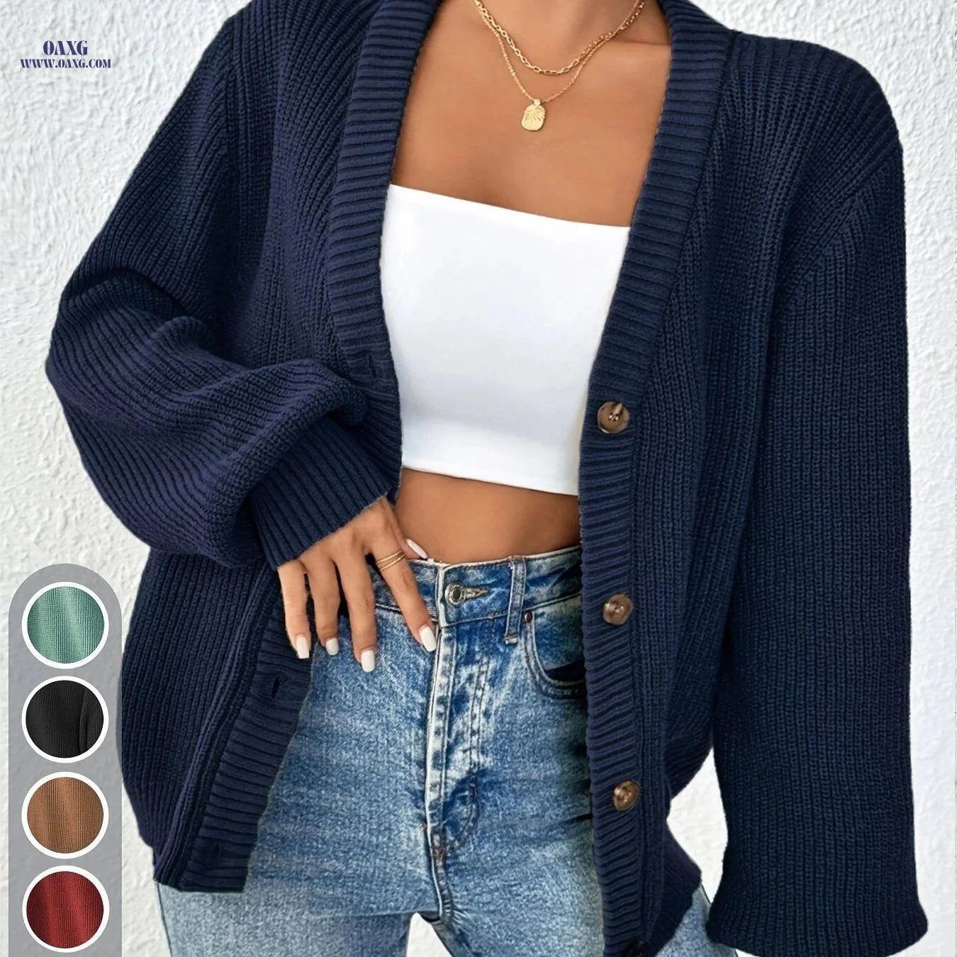 OAXG Elegant Women's Front-Button Cardigan Sweater for Spring/Fall   OAXG Black / XS
