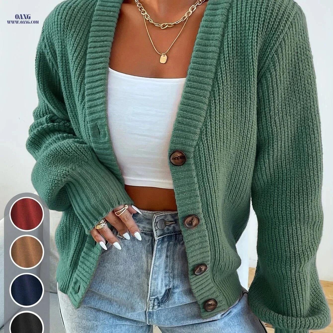 OAXG Elegant Women's Front-Button Cardigan Sweater for Spring/Fall   OAXG Black / XS
