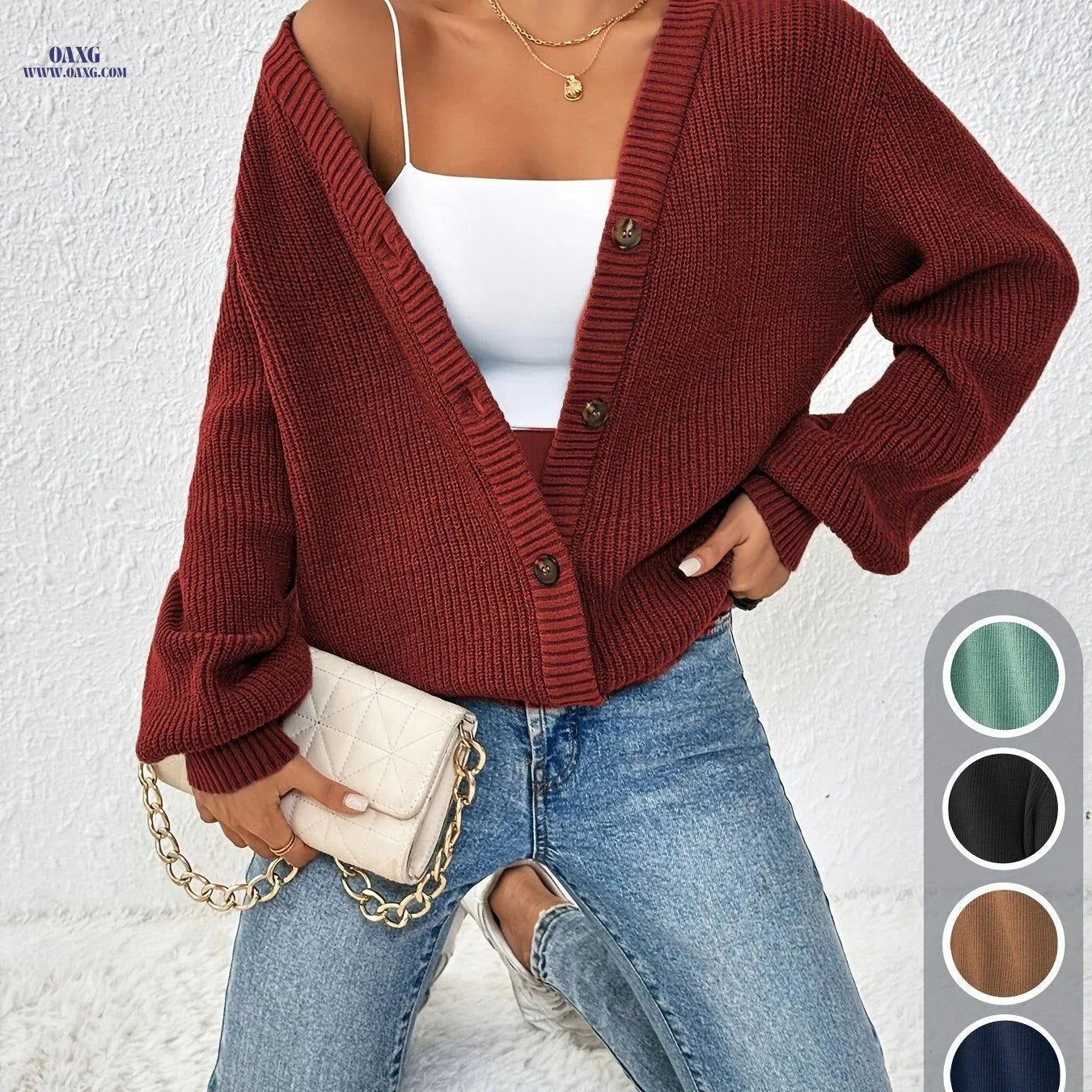 OAXG Elegant Women's Front-Button Cardigan Sweater for Spring/Fall   OAXG Black / XS