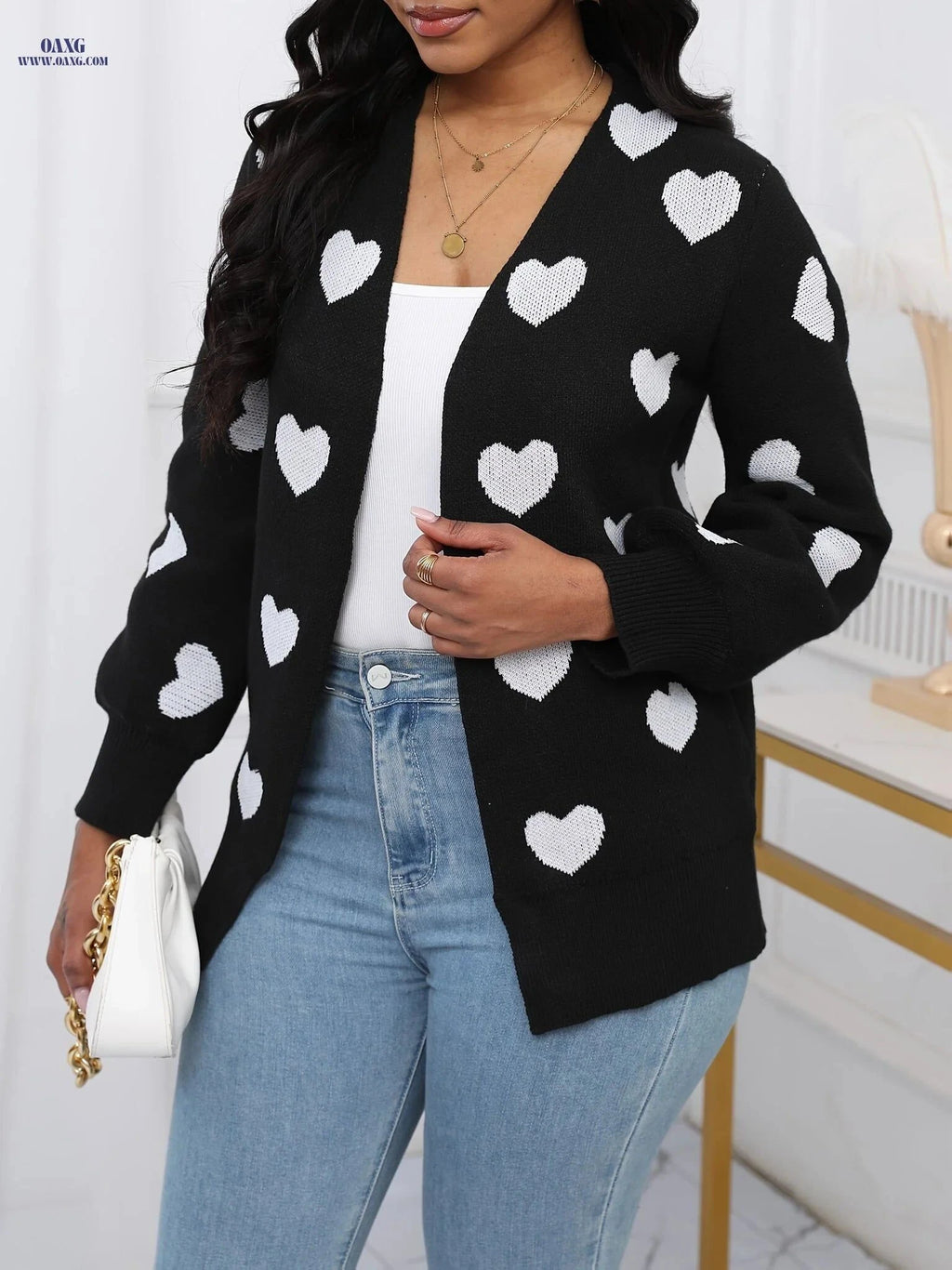 OAXG Elegant Women's Heart Cardigan - Long Sleeve Fashion for Fall   OAXG Black / S