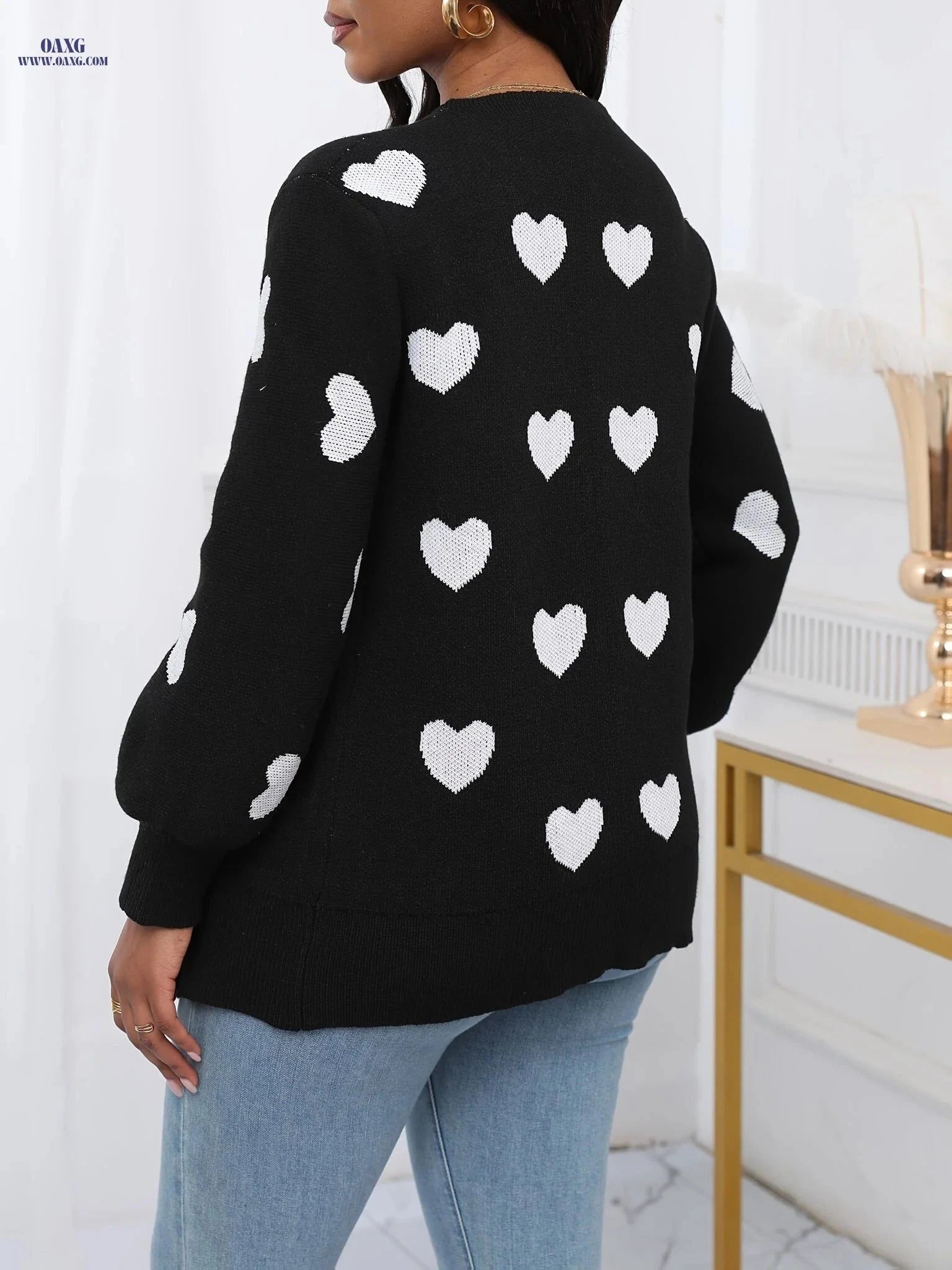 OAXG Elegant Women's Heart Cardigan - Long Sleeve Fashion for Fall   OAXG Black / S