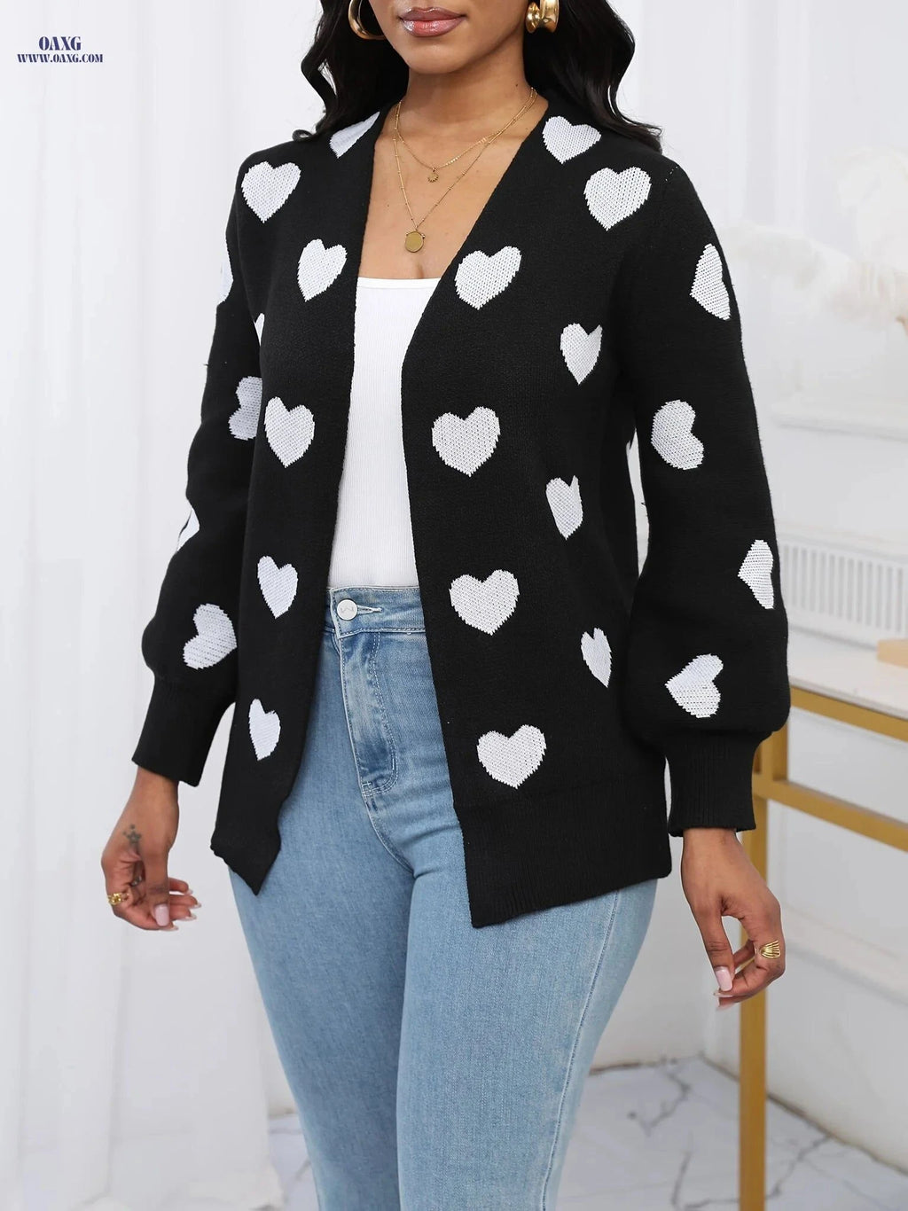 OAXG Elegant Women's Heart Cardigan - Long Sleeve Fashion for Fall   OAXG Black / S