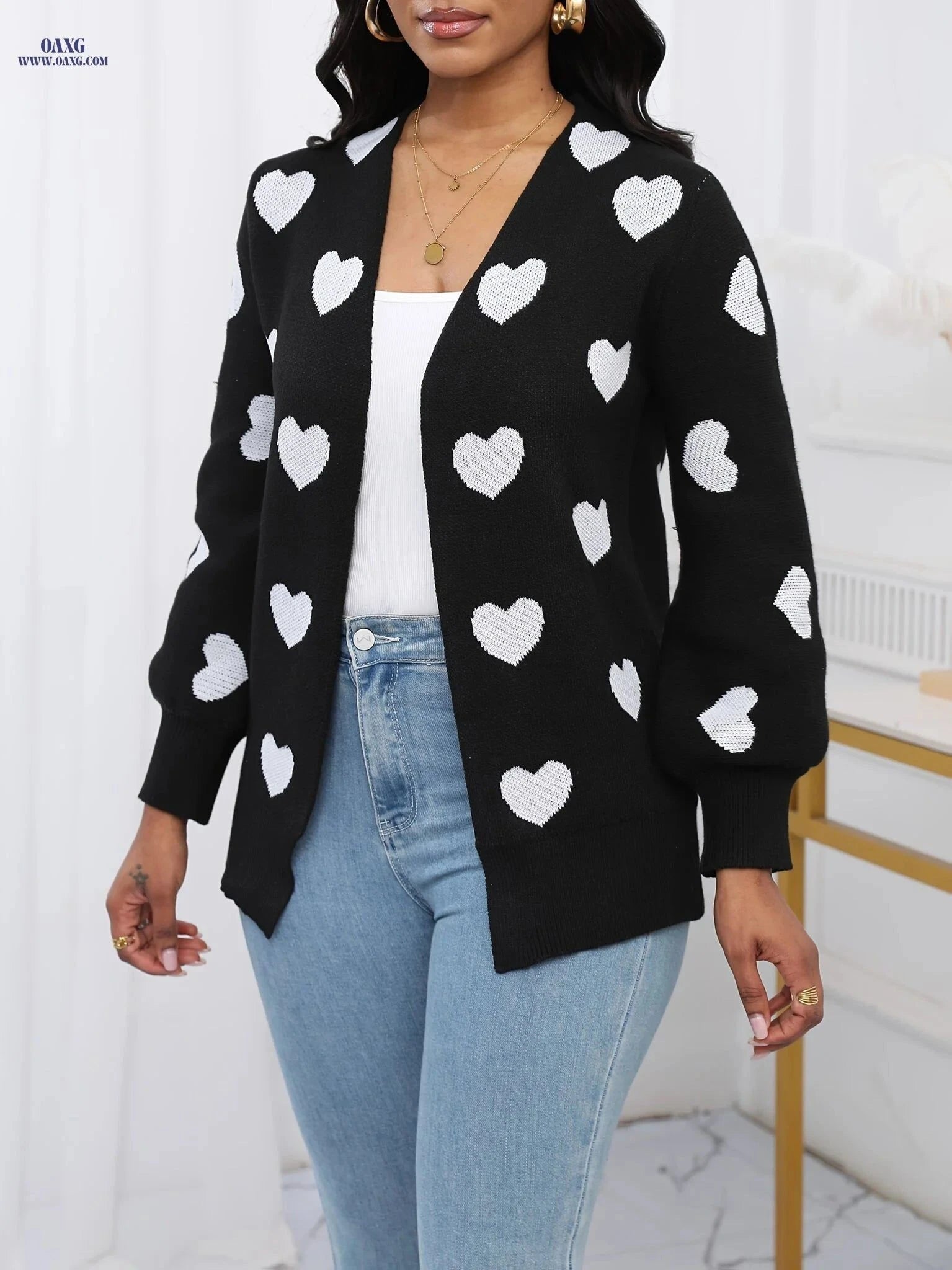 OAXG Elegant Women's Heart Cardigan - Long Sleeve Fashion for Fall   OAXG Black / S