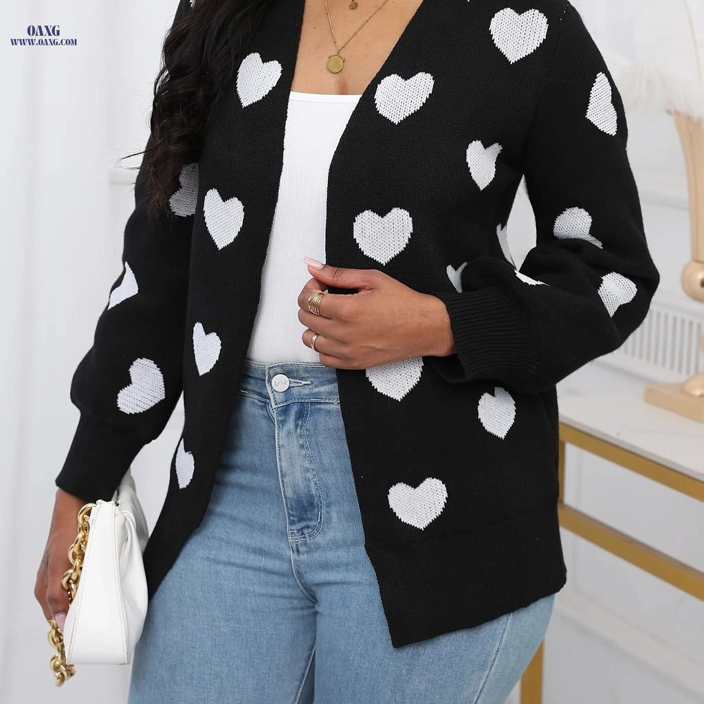 OAXG Elegant Women's Heart Cardigan - Long Sleeve Fashion for Fall   OAXG Black / S
