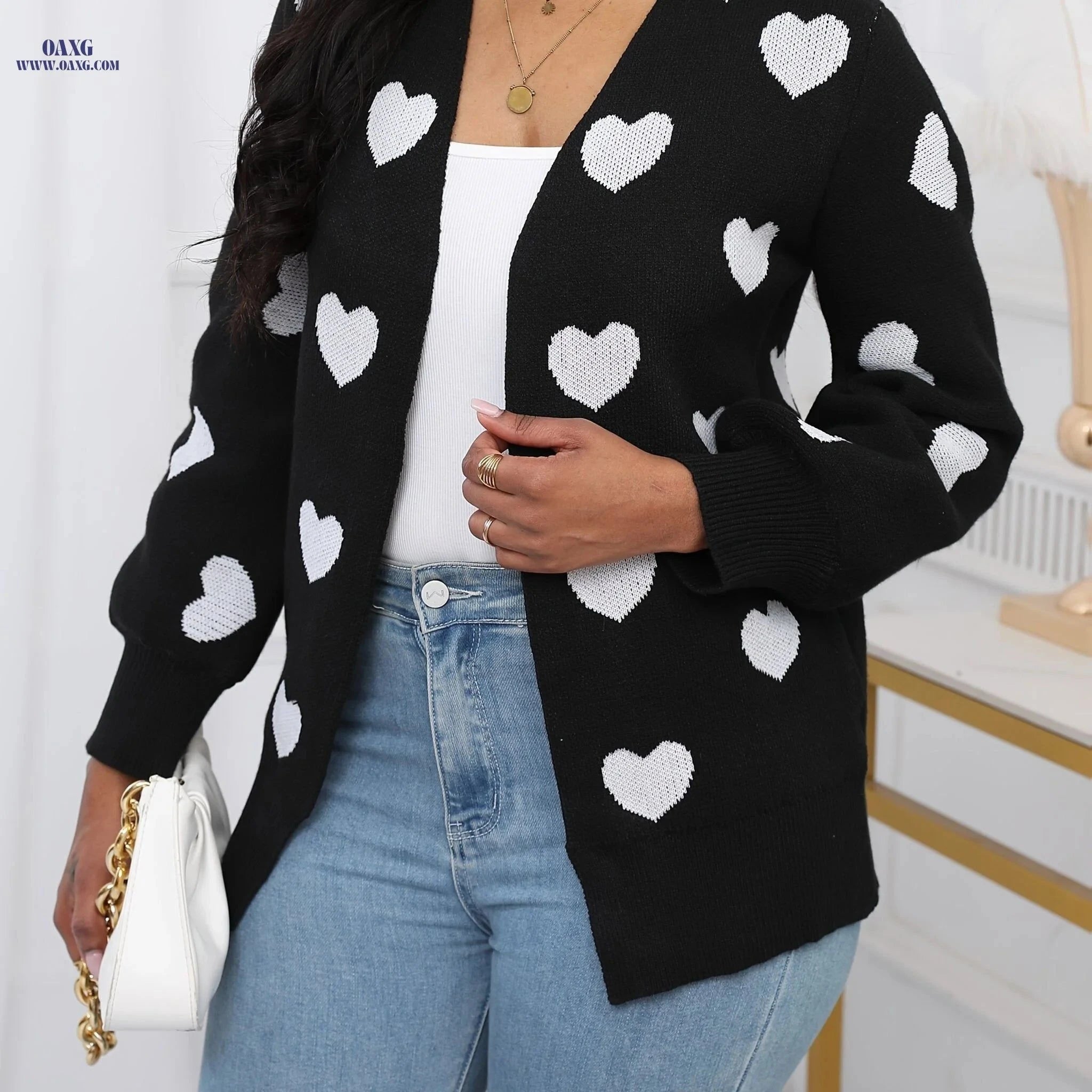 OAXG Elegant Women's Heart Cardigan - Long Sleeve Fashion for Fall   OAXG Black / S