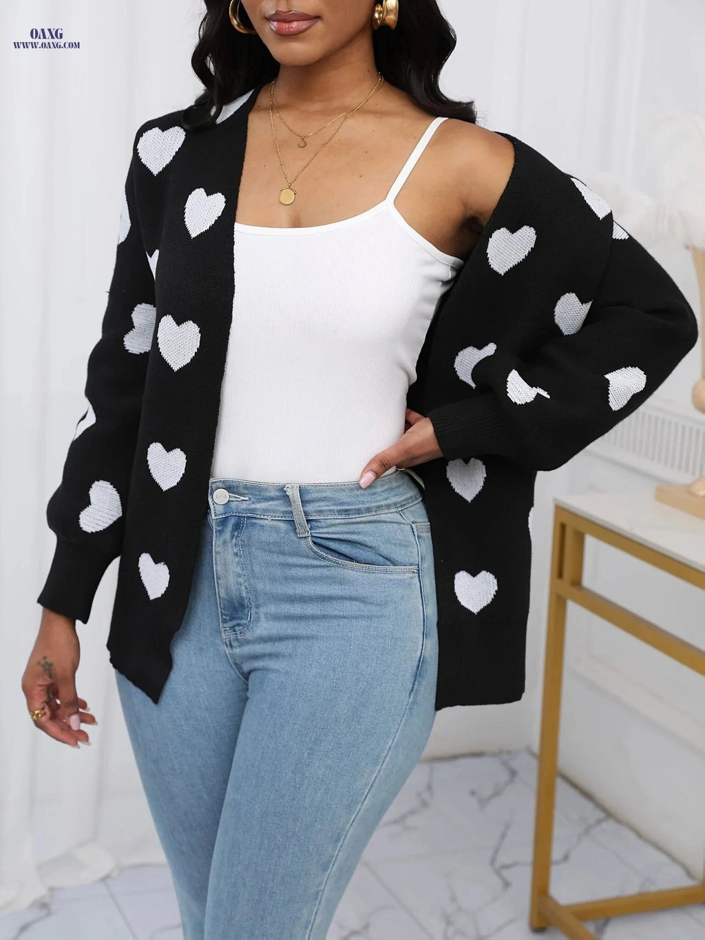 OAXG Elegant Women's Heart Cardigan - Long Sleeve Fashion for Fall   OAXG Black / S