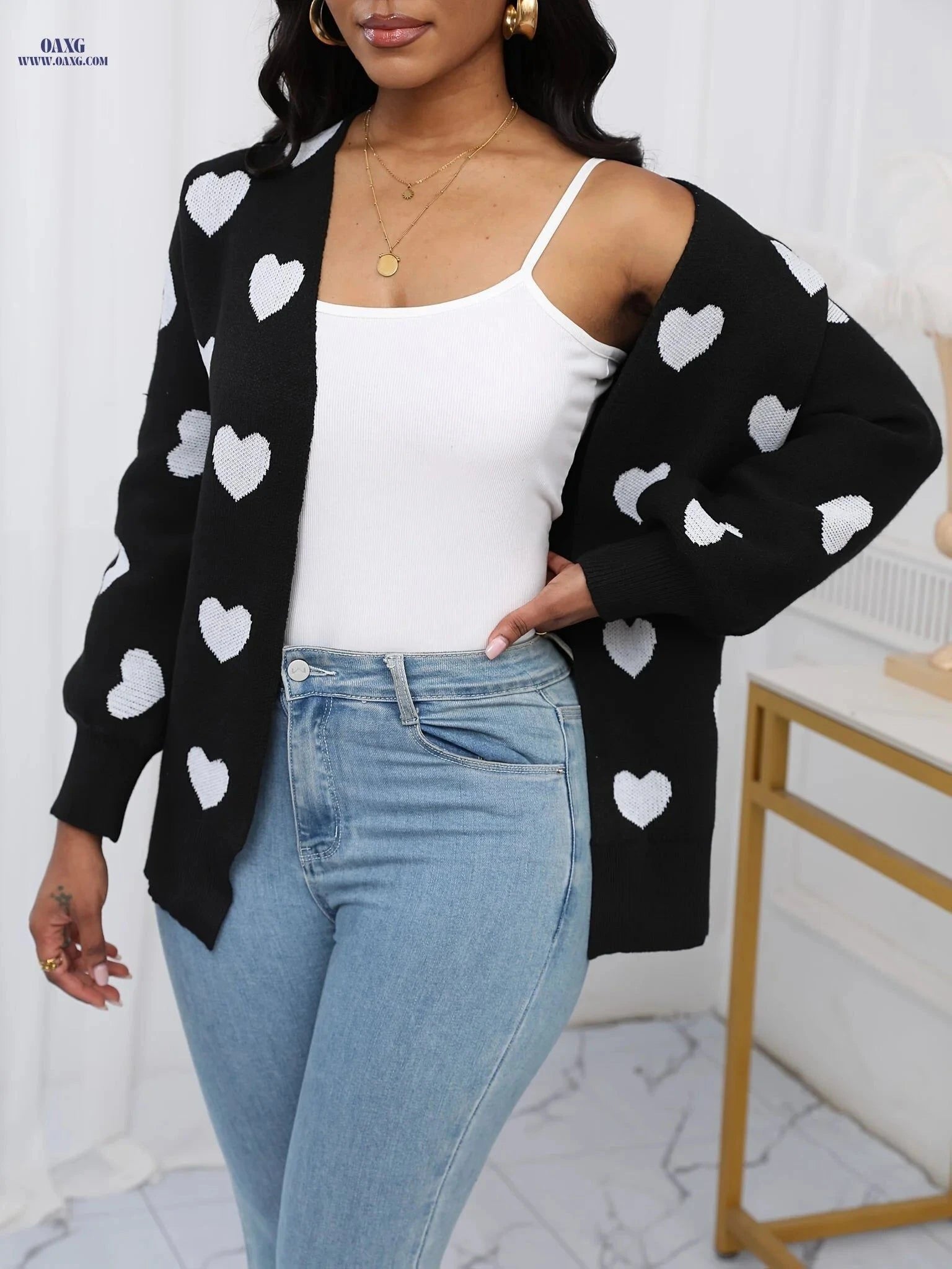 OAXG Elegant Women's Heart Cardigan - Long Sleeve Fashion for Fall   OAXG Black / S