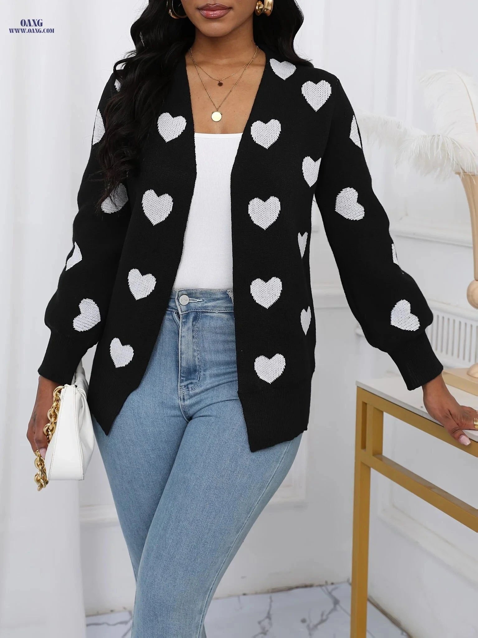 OAXG Elegant Women's Heart Cardigan - Long Sleeve Fashion for Fall   OAXG Black / S