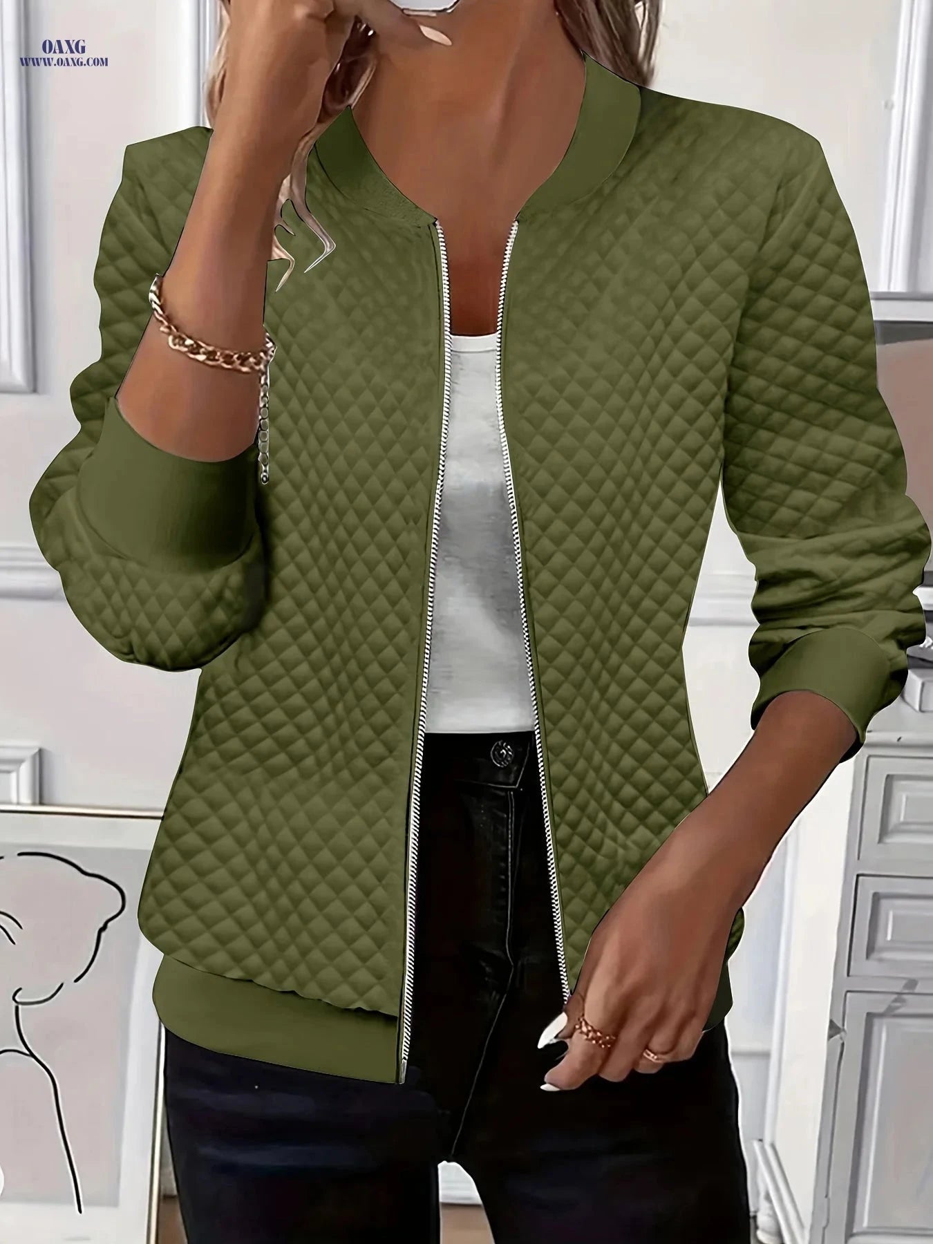 OAXG Elegant Women's Jacket - Solid Color, Long Sleeve, Zipper Detail   OAXG 