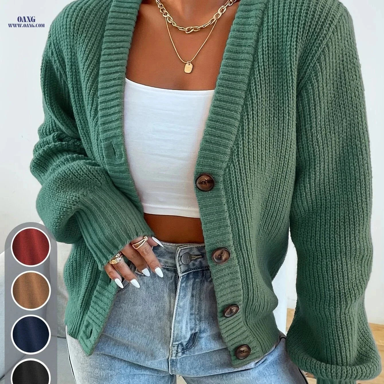 OAXG Elegant Women's V-Neck Cardigan Sweater - Solid Color Style   OAXG Black / XS