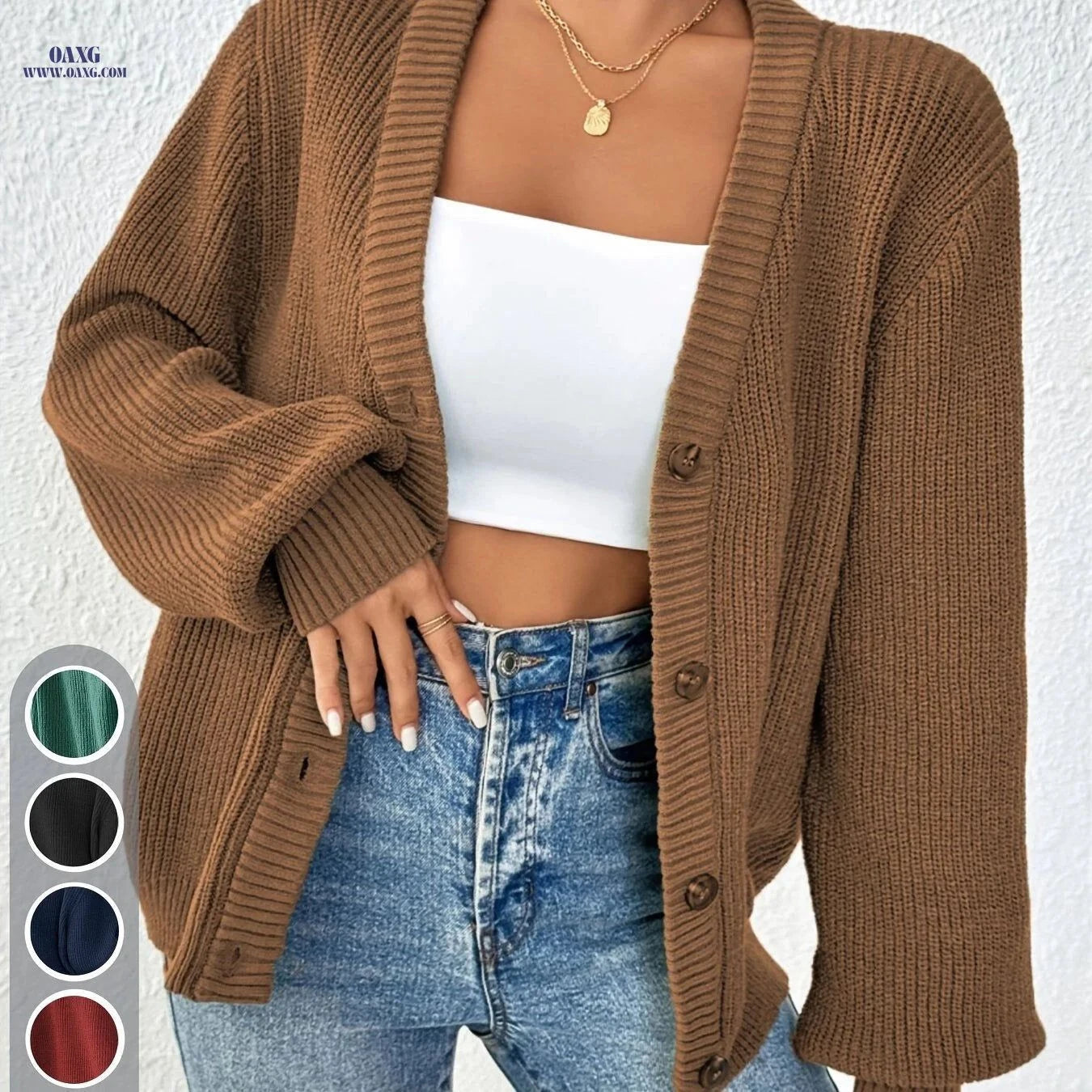 OAXG Elegant Women's V-Neck Cardigan Sweater - Solid Color Style   OAXG Black / XS