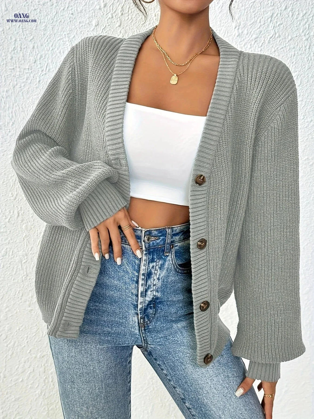 OAXG Elegant Women's V-Neck Cardigan Sweater - Solid Color Style   OAXG Black / XS
